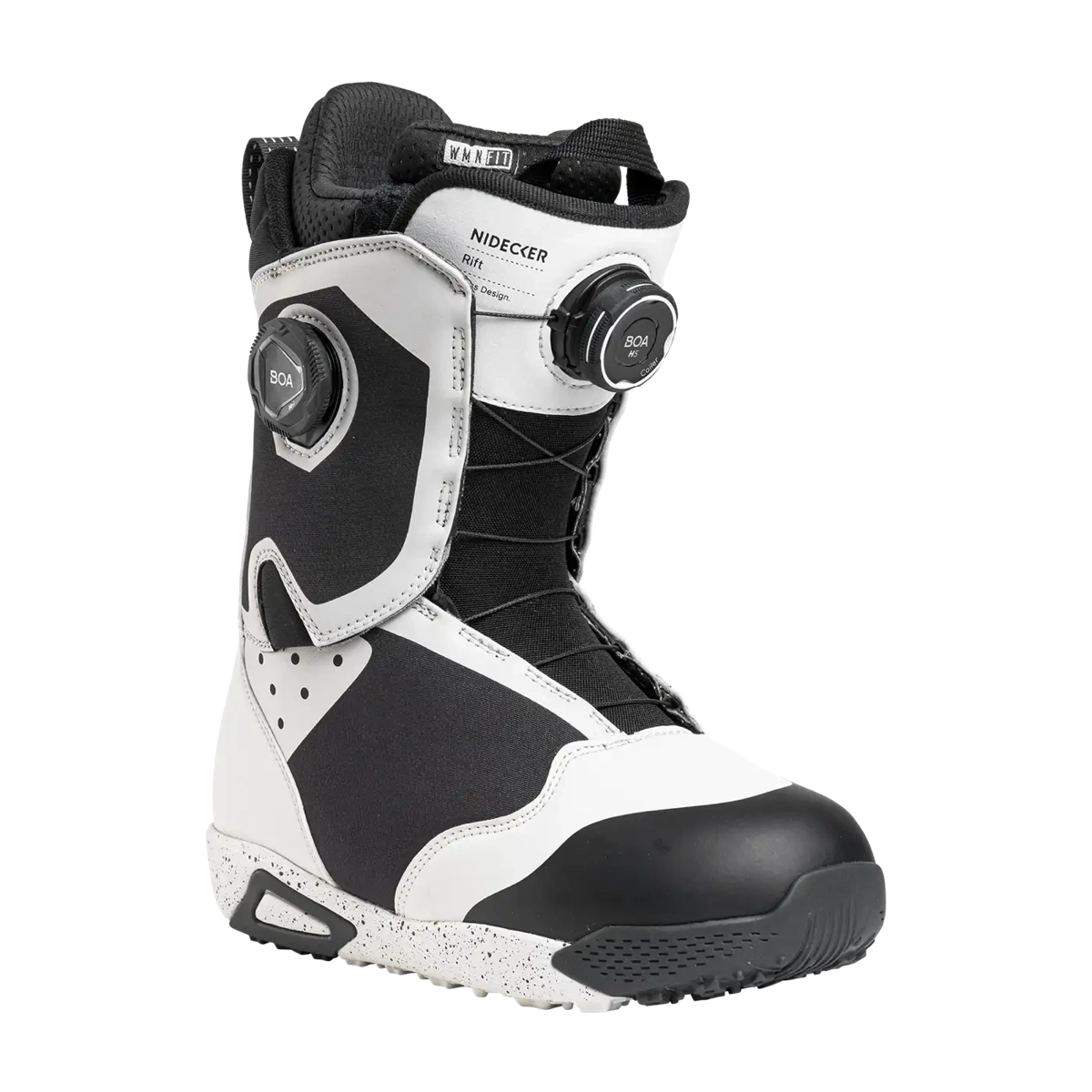 Rift Women Chaussure de snowboard, chaussure de snowboard avec système Boa, chaussure noir et blanc, chaussure de snowboard montante, équipement de snowboard, chaussure de snowboard, molette Boa, tige haute, noir et blanc, semelle à crampons