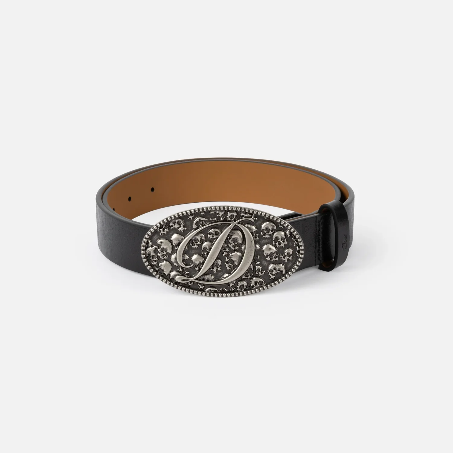 Ceinture en cuir, noire, boucle métallique, motif tête de mort, boucle ovale