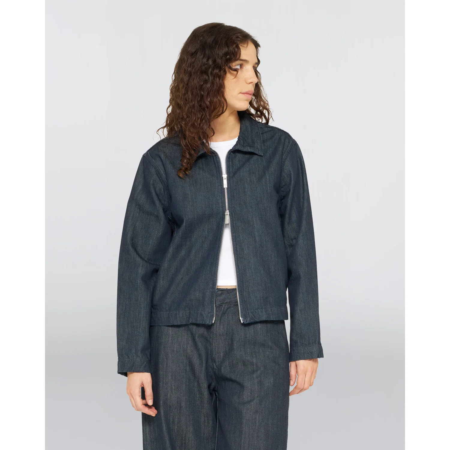 W' Yumi Overshirt Jeansjacke, Dunkelblau, Reißverschluss, Umlegekragen, Lange Ärmel