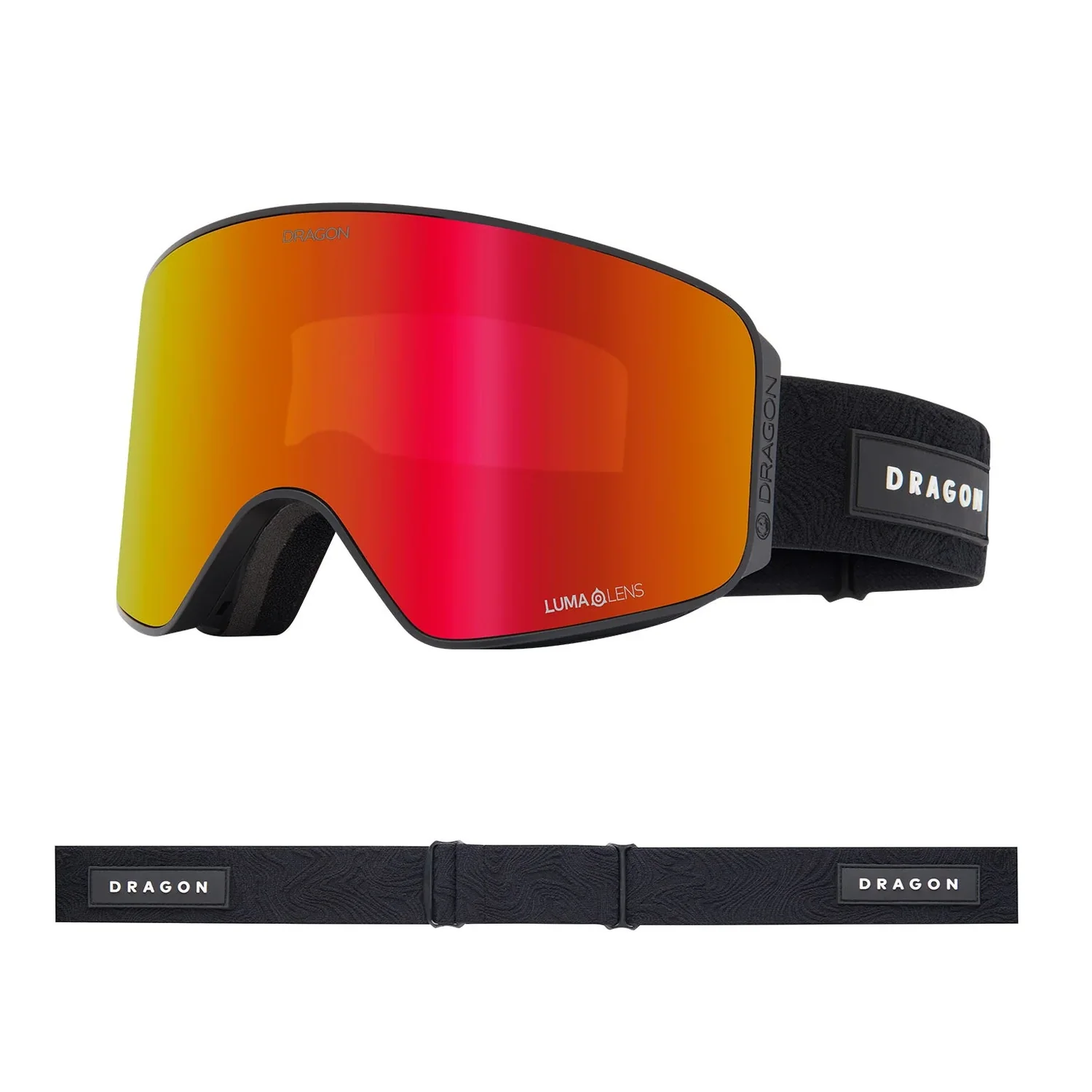 Skibrille, verspiegeltes Glas, rot-orange-gelbes Glas, schwarzes Band, Panoramascheibe