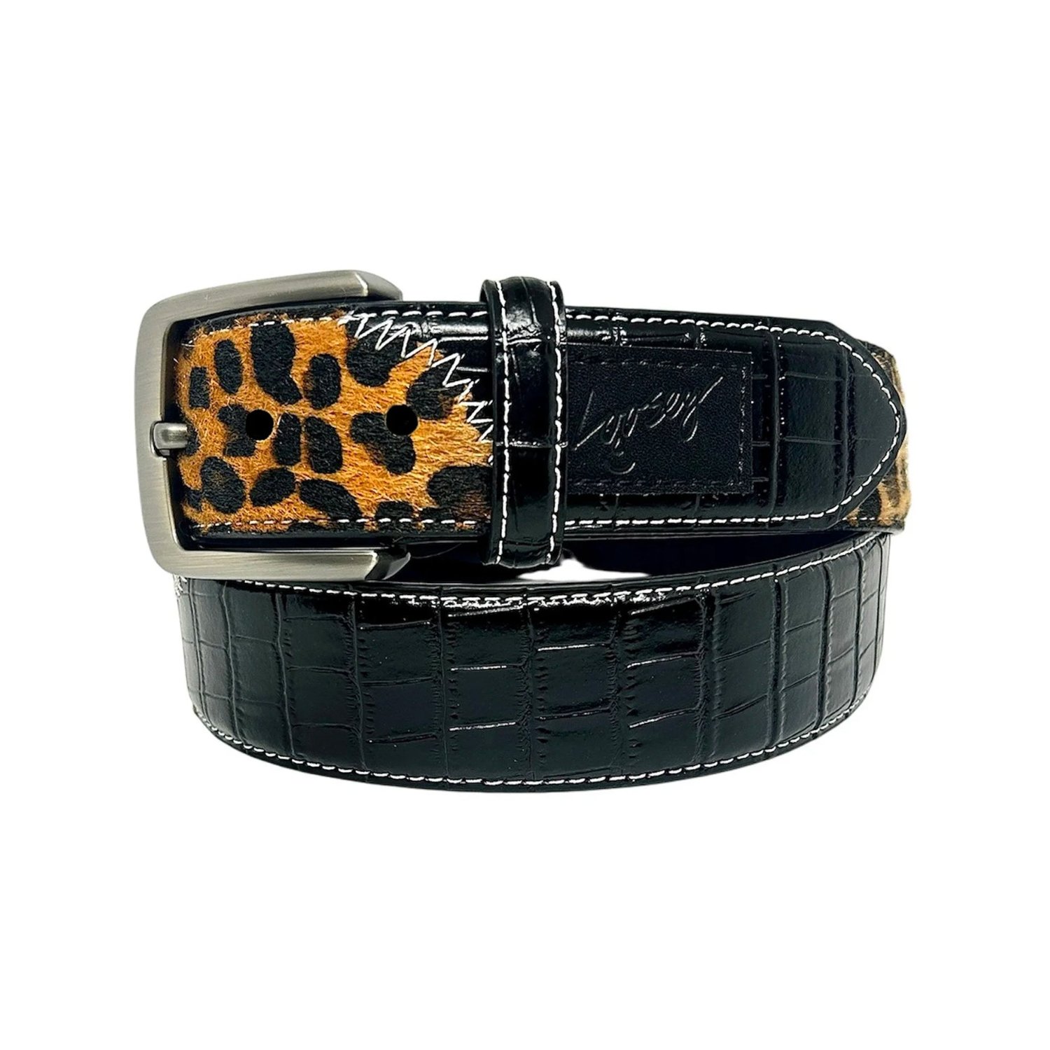Croc Cheetah Ceinture, cuir, motif léopard, marron foncé, ceinture à boucle