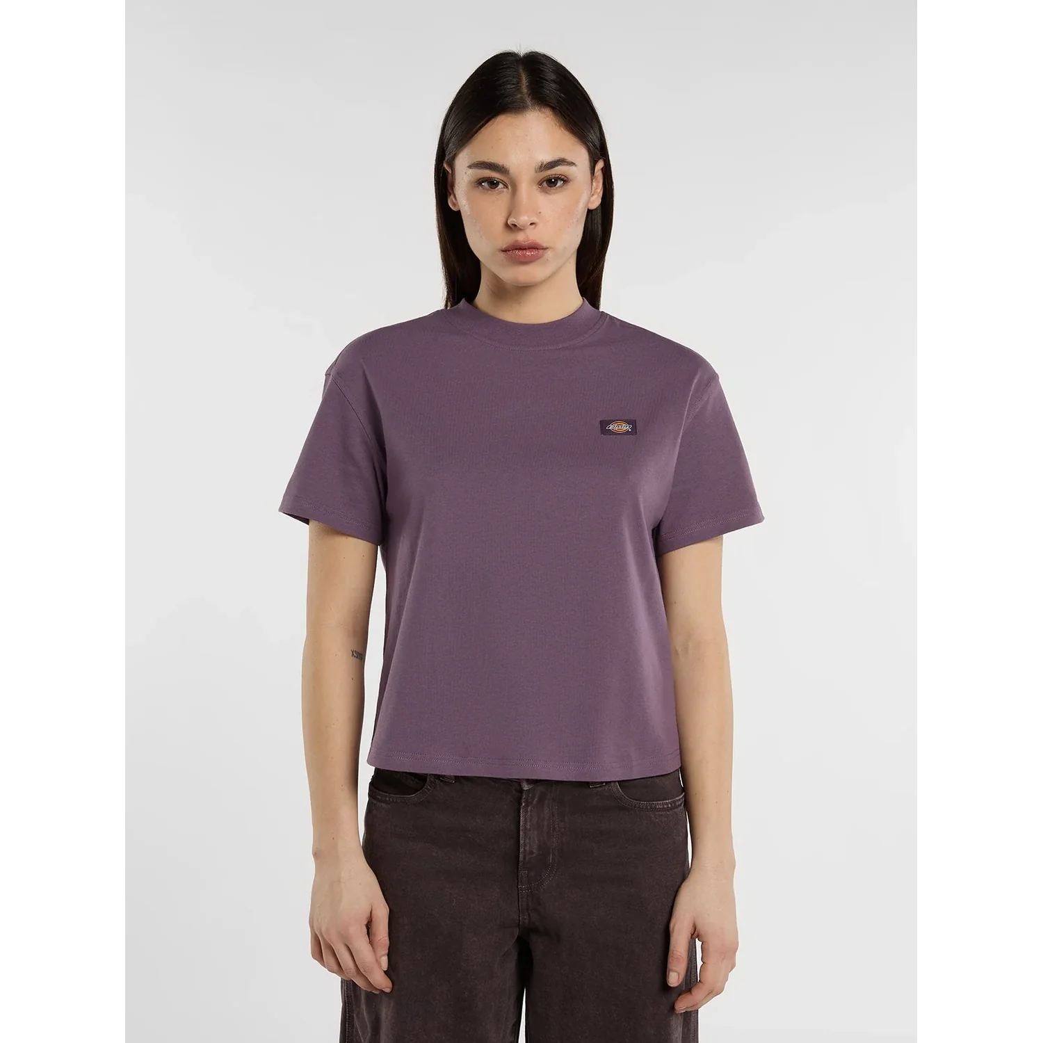 Oakport Boxy SS Tee W Vintage T-Shirt, Kurzarm, Lavendel, Uni, Logo-Patch, Damen-T-Shirt, Kurzarm, Rundhalsausschnitt, Lila, Brustlogo