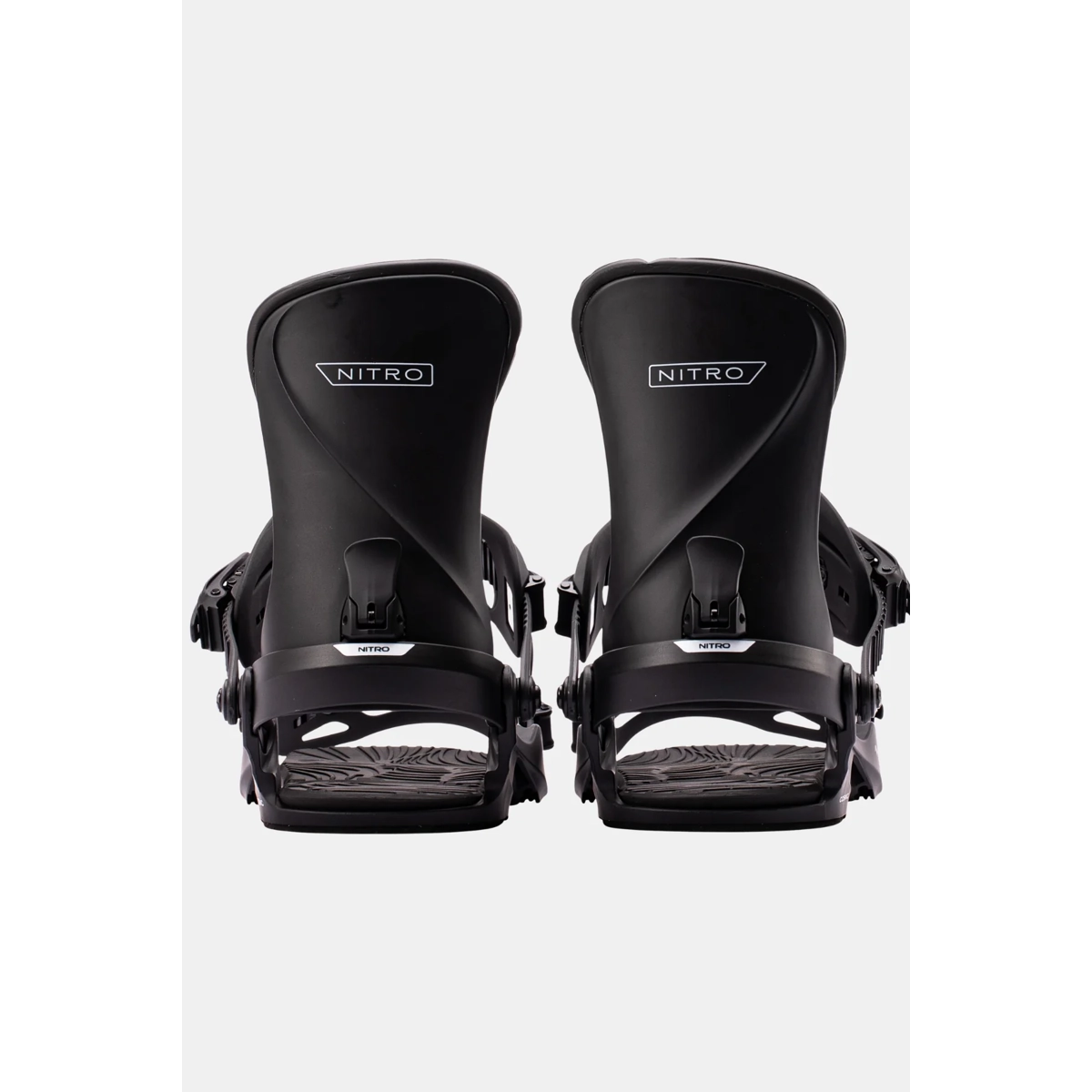Cosmic W's Snowboardbindungen, Nitro, schwarz, Step-in-Bindungen, Zwillingsdesign, Snowboard-Bindungen, Snowboard-Schuhe, Rückansicht, Schwarz, Verstellriemen