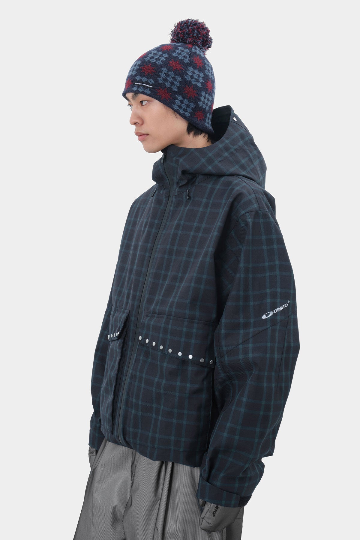 Veste d'hiver, motif à carreaux, coupe-vent, capuche, fermeture éclair