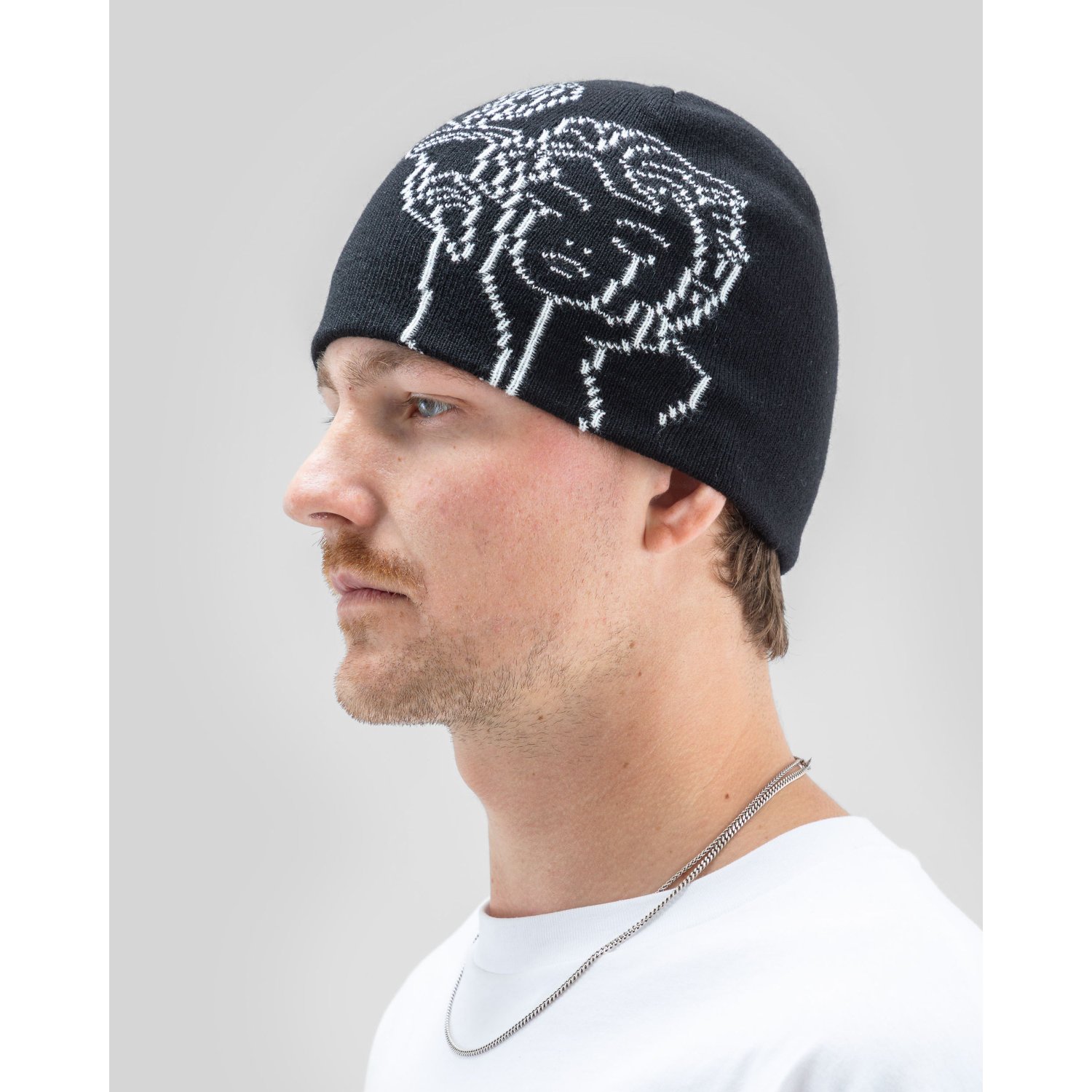 Jacquard Beanie Angel Beanie, Knitted hat, Schwarz, Gemustertes Strickmuster, Rippstrick-Kante