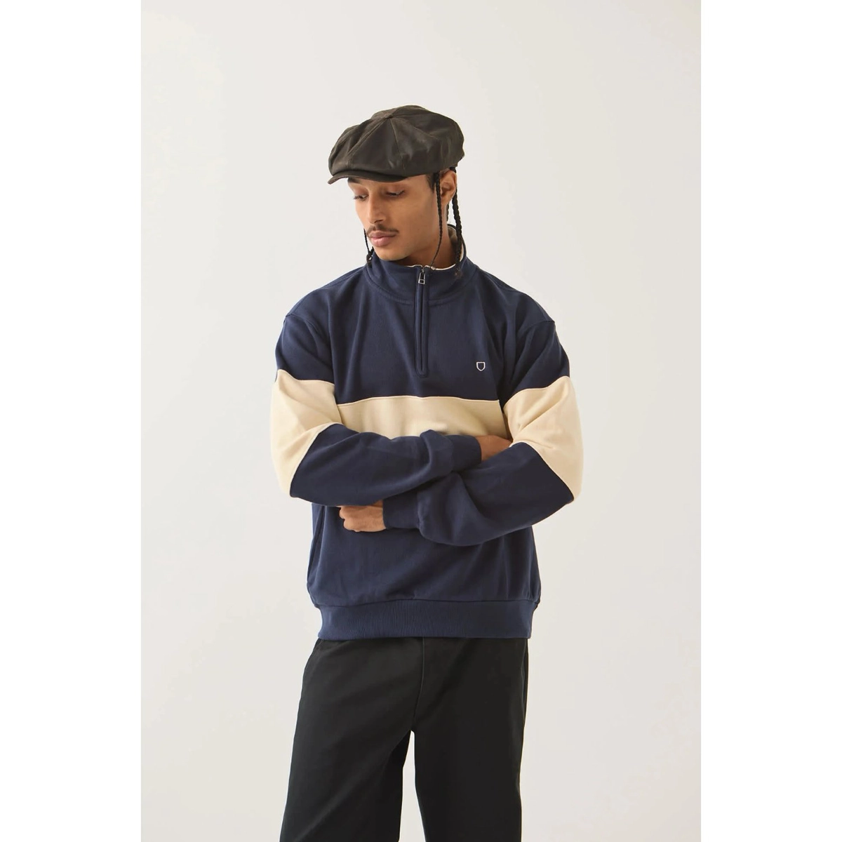 Hoodie, Pullover, Color block, Navy blue, Beige sleeves, Pullover, Half-zip, Colorblock, Navy, Beige