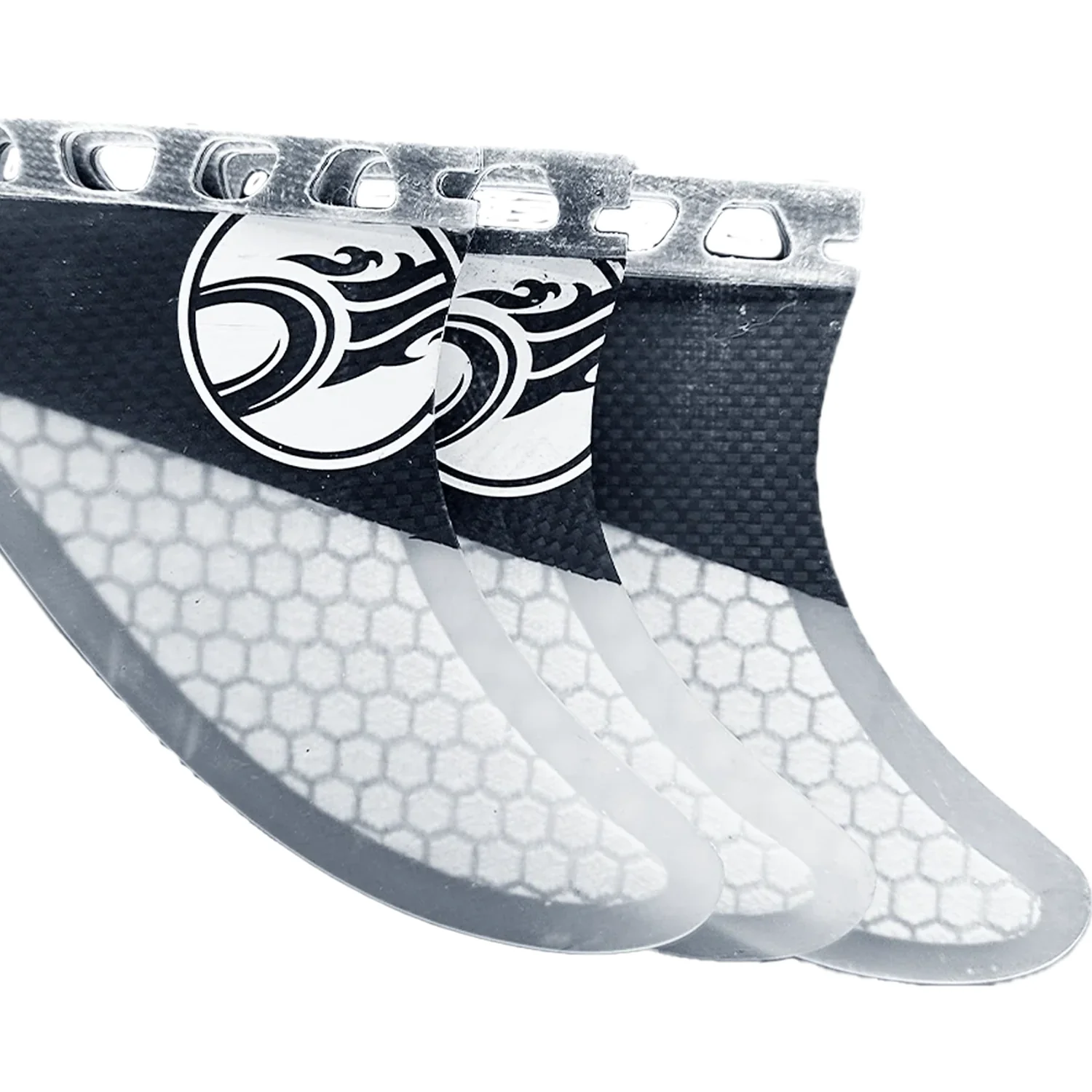 Surf Thrstr Prem Rtm Fin Set Ailerons de surf, trois ailerons, motif alvéolé, noir et blanc, aspect fibre de carbone