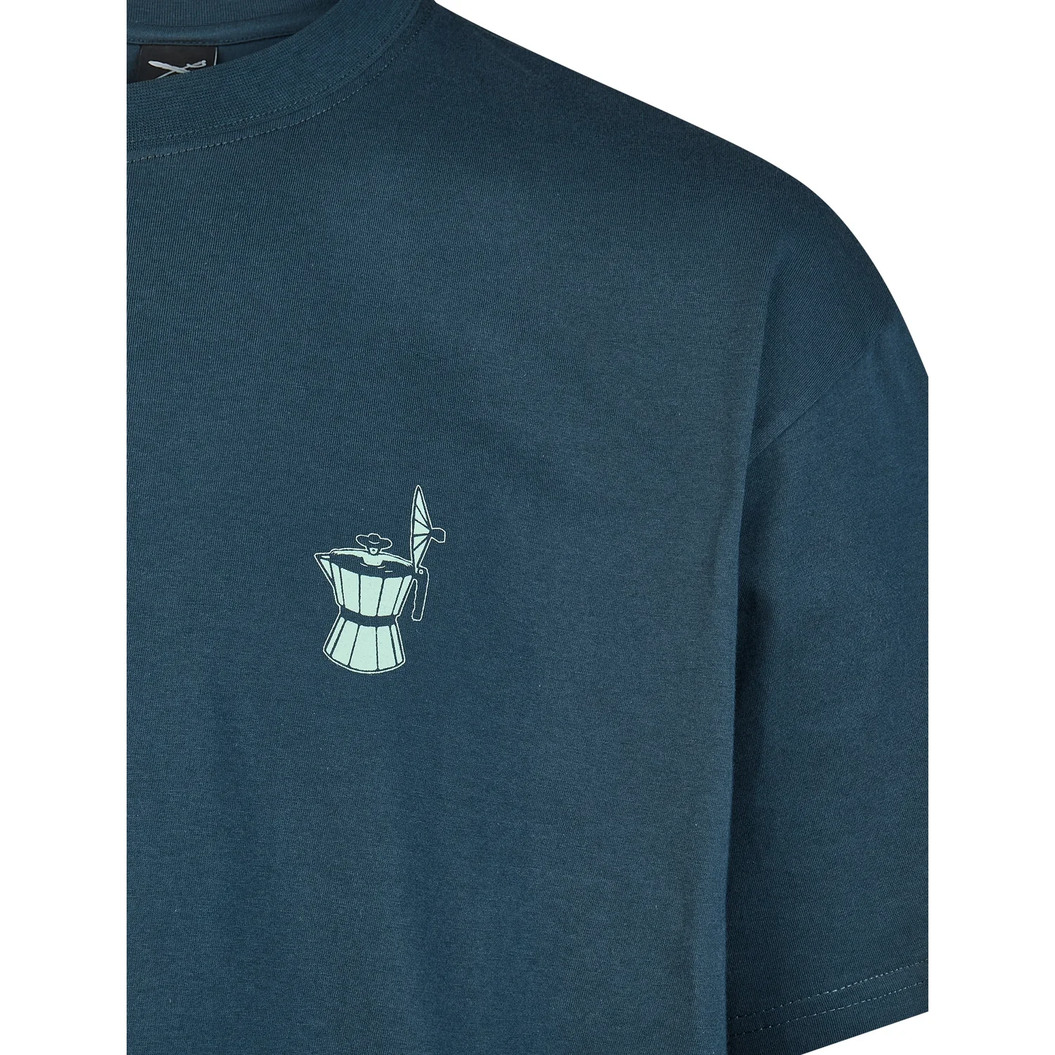 T-shirt, bleu foncé, col rond, manches courtes, motif sur la poitrine