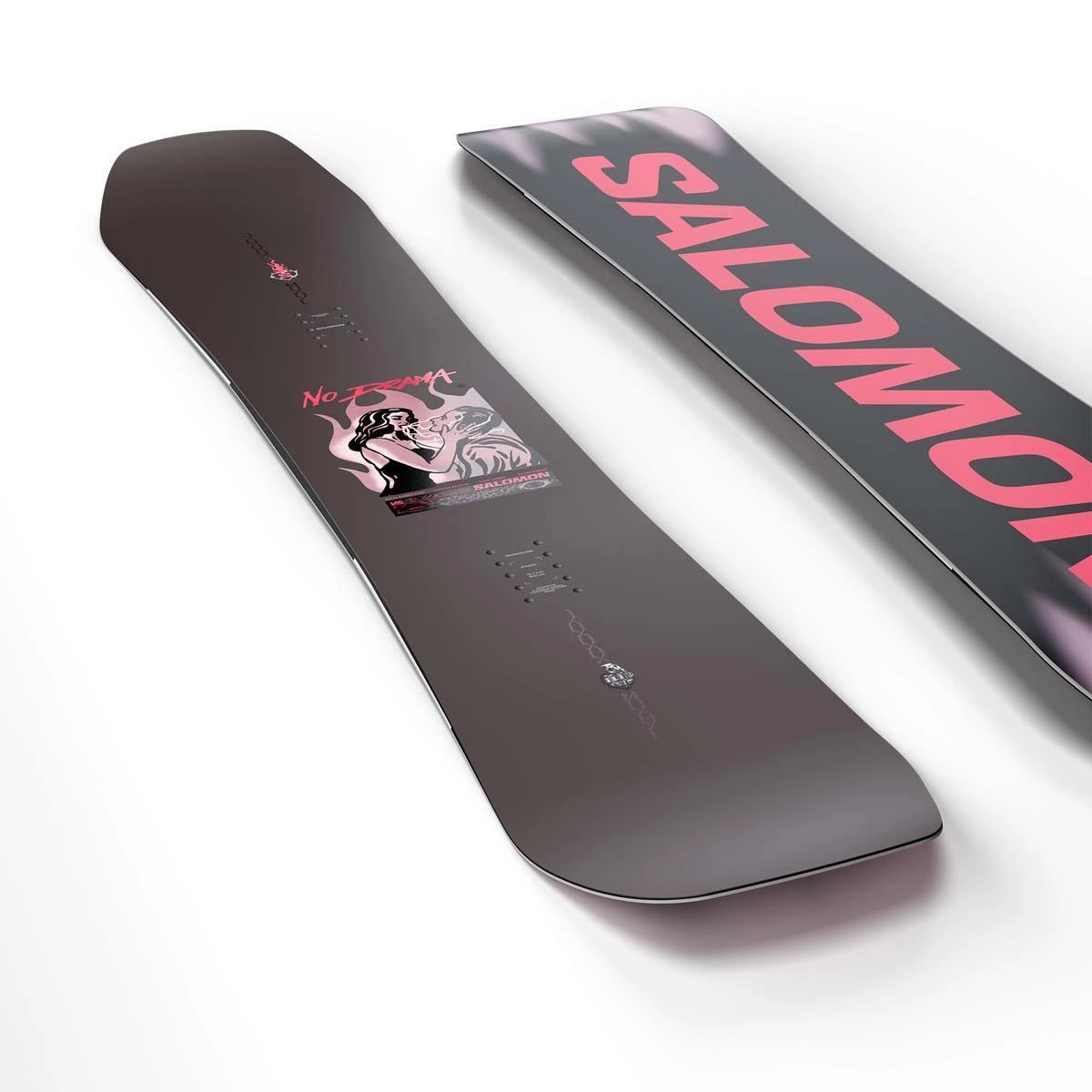 No Drama Snowboard, Graphisches Design, Rosa Akzente, Dunkelgrau, Side-Ansicht