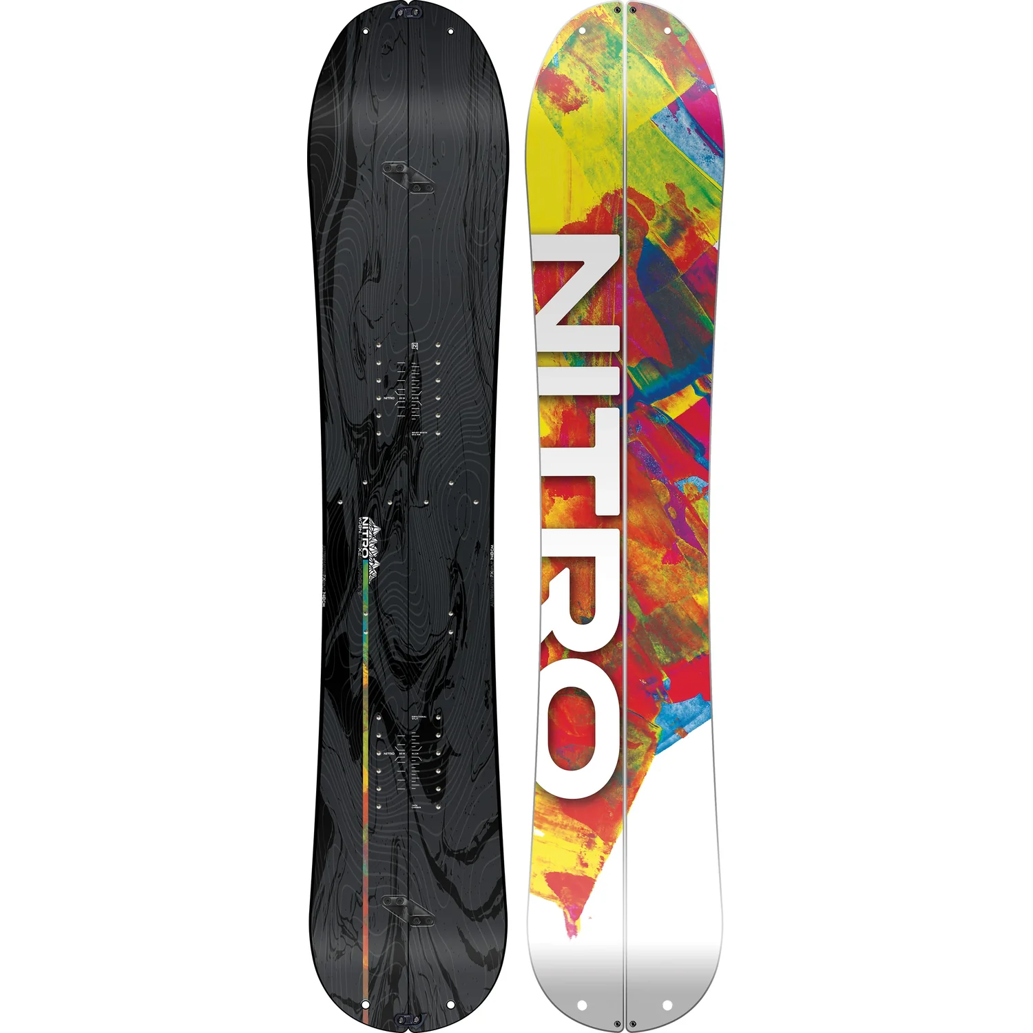 Alternator FX Snowboard, Buntes Grafikdesign, Schwarze Unterseite, Holzmaserung, Twin-Tip-Form