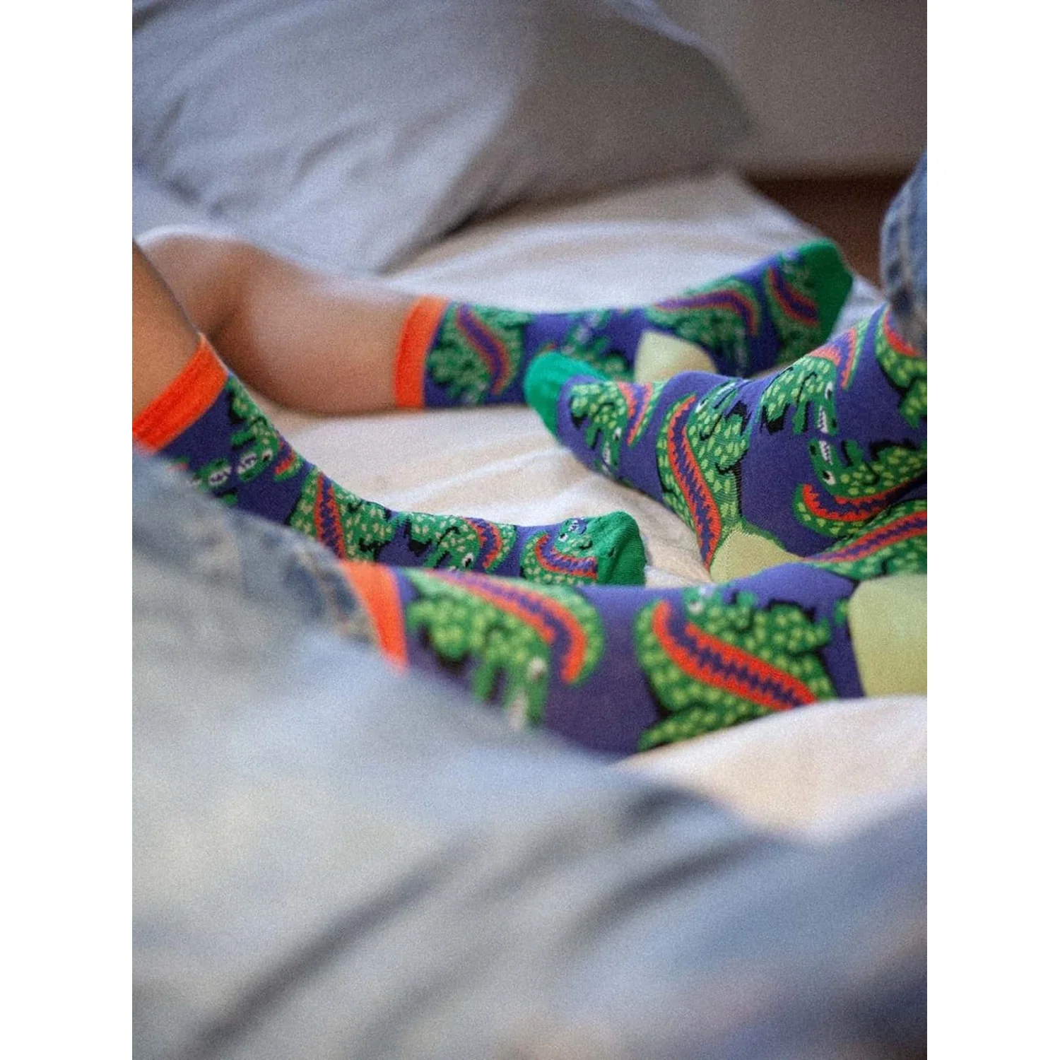 Lil Ur Ex the T Rex Chaussettes, motif crocodile, violet, vert, bords orange