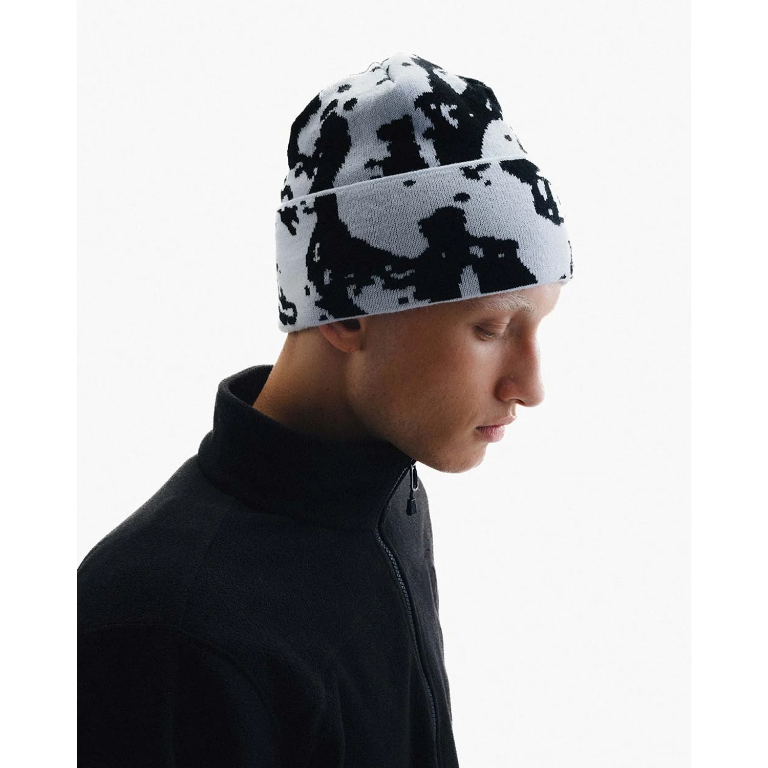 Faceshot Beanie Bonnet en tricot, bonnet à revers, noir et blanc, motif camouflage, tricot côtelé