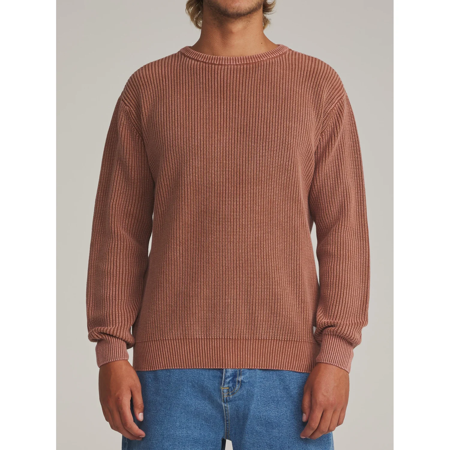 Strickpullover, Rundhalsausschnitt, Rippstrick, Terrakotta, Langarm