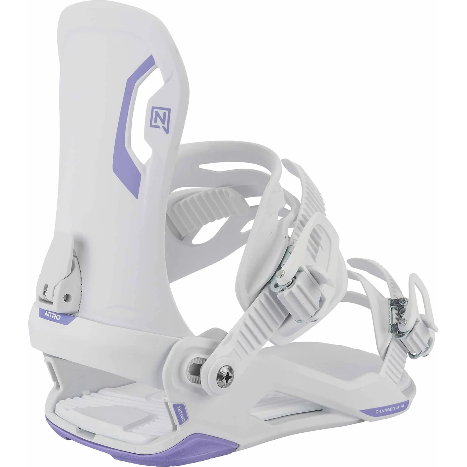 Charger Mini Box Youth Fixation de snowboard, blanche et violette, en plastique, fermeture à cliquet, mini-fixation