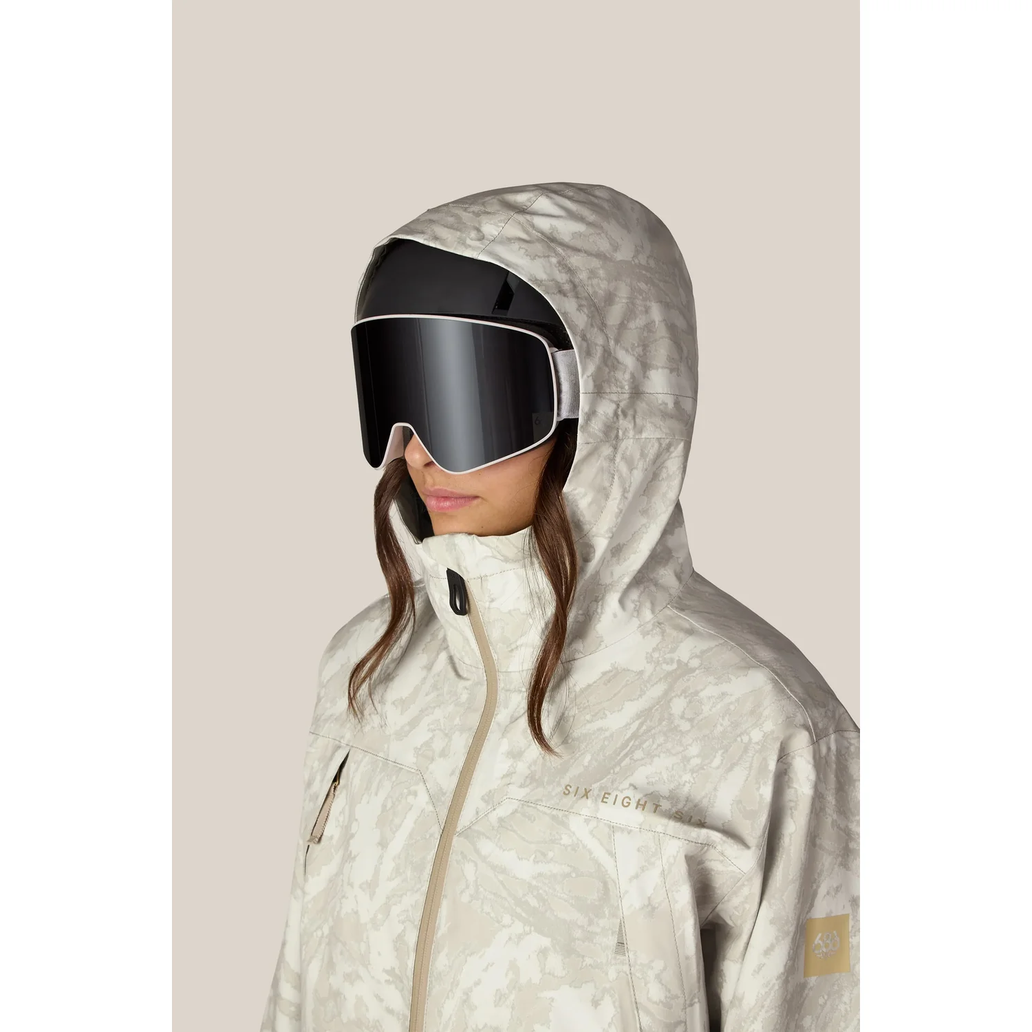 Veste de ski, capuche, motif camouflage, blanc crème, poches zippées