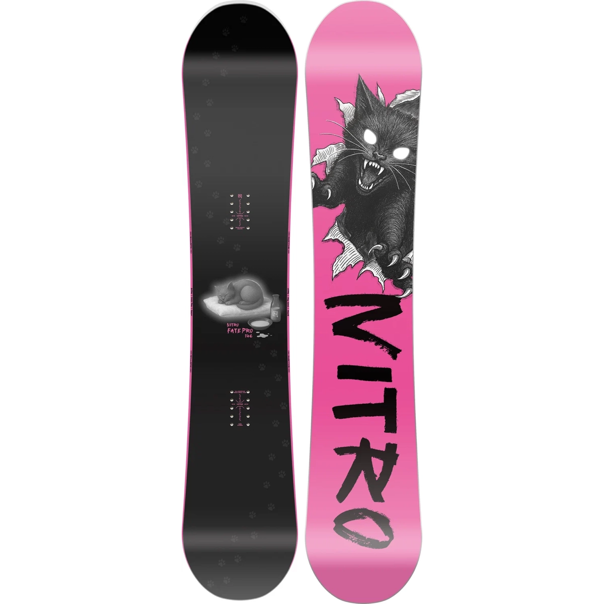 Snowboard, motifs graphiques, chat, rose, -40/-, snowboard, snowboard rose, motif chat, dégradé noir-rose, motif poignées
