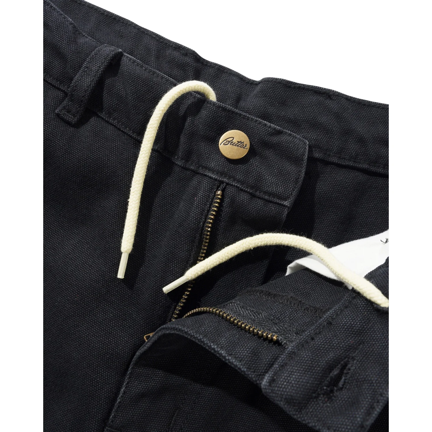schwarze Hose, Canvasstoff, Kordelzug, Reißverschluss, Metallknopf