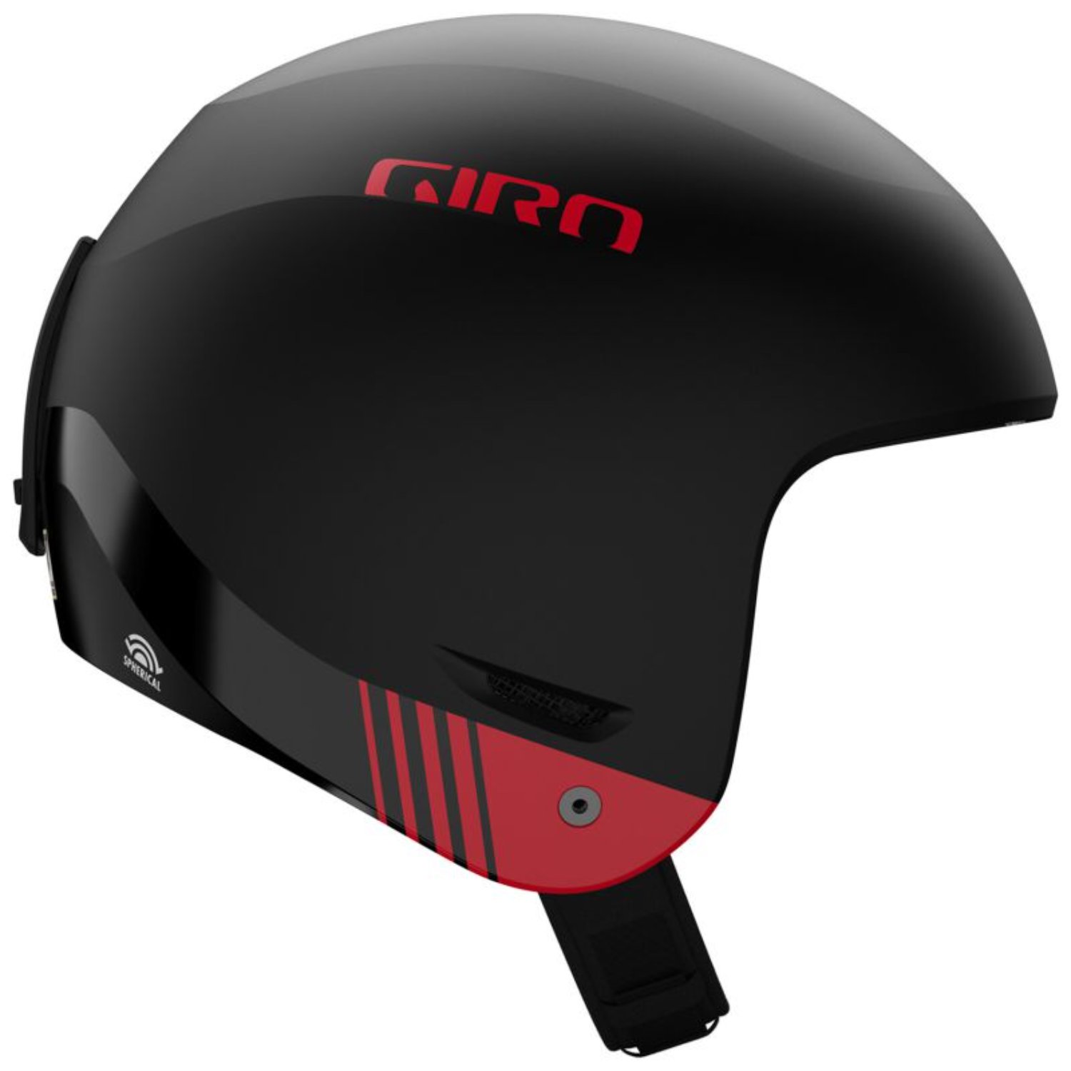 Skisporthelm, Schwarz, Rote Akzente, Gurtverschluss, Streifen an der Unterseite