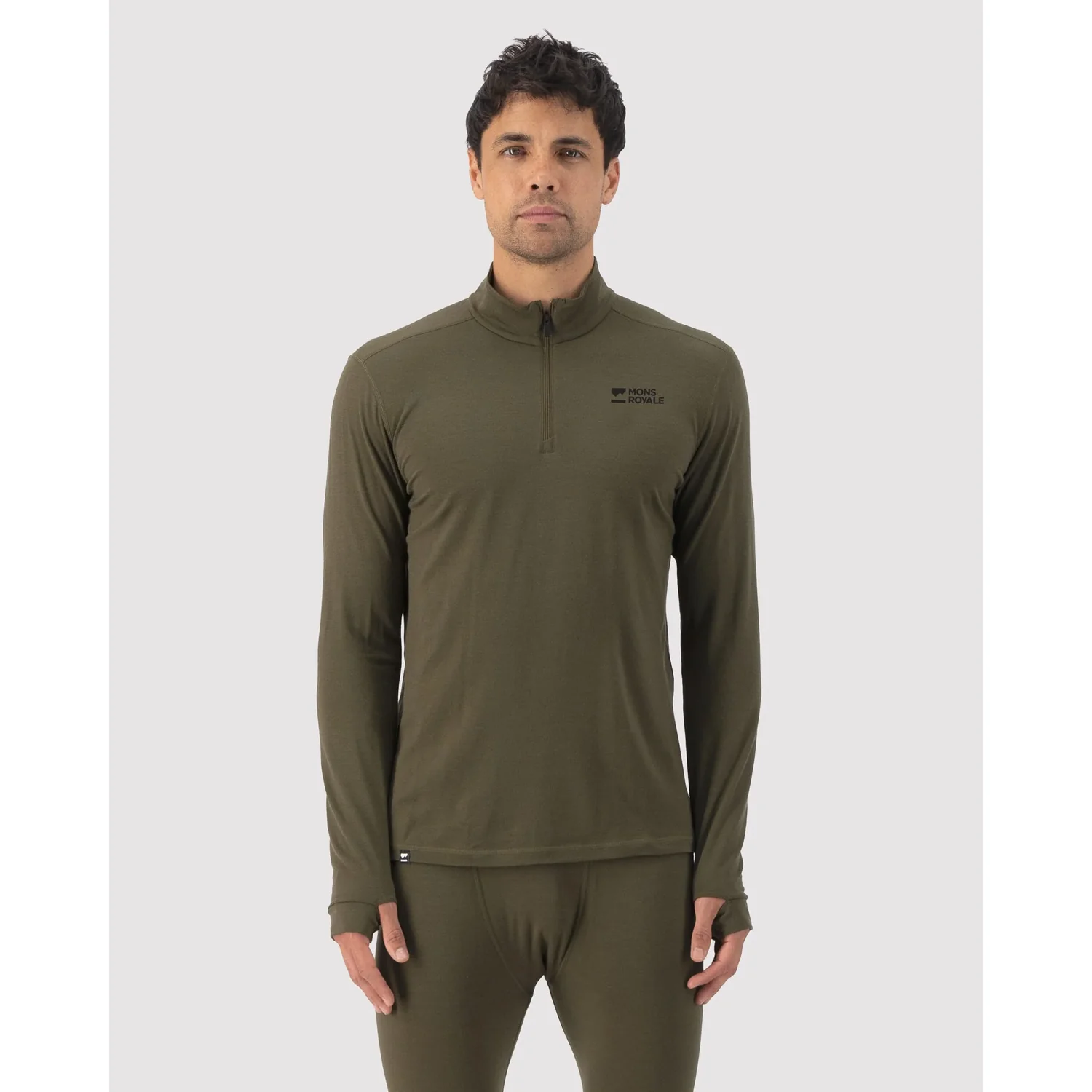 Herren-Funktionsshirt, Langarmshirt, Olivgrün, Stehkragen, Halber Reißverschluss