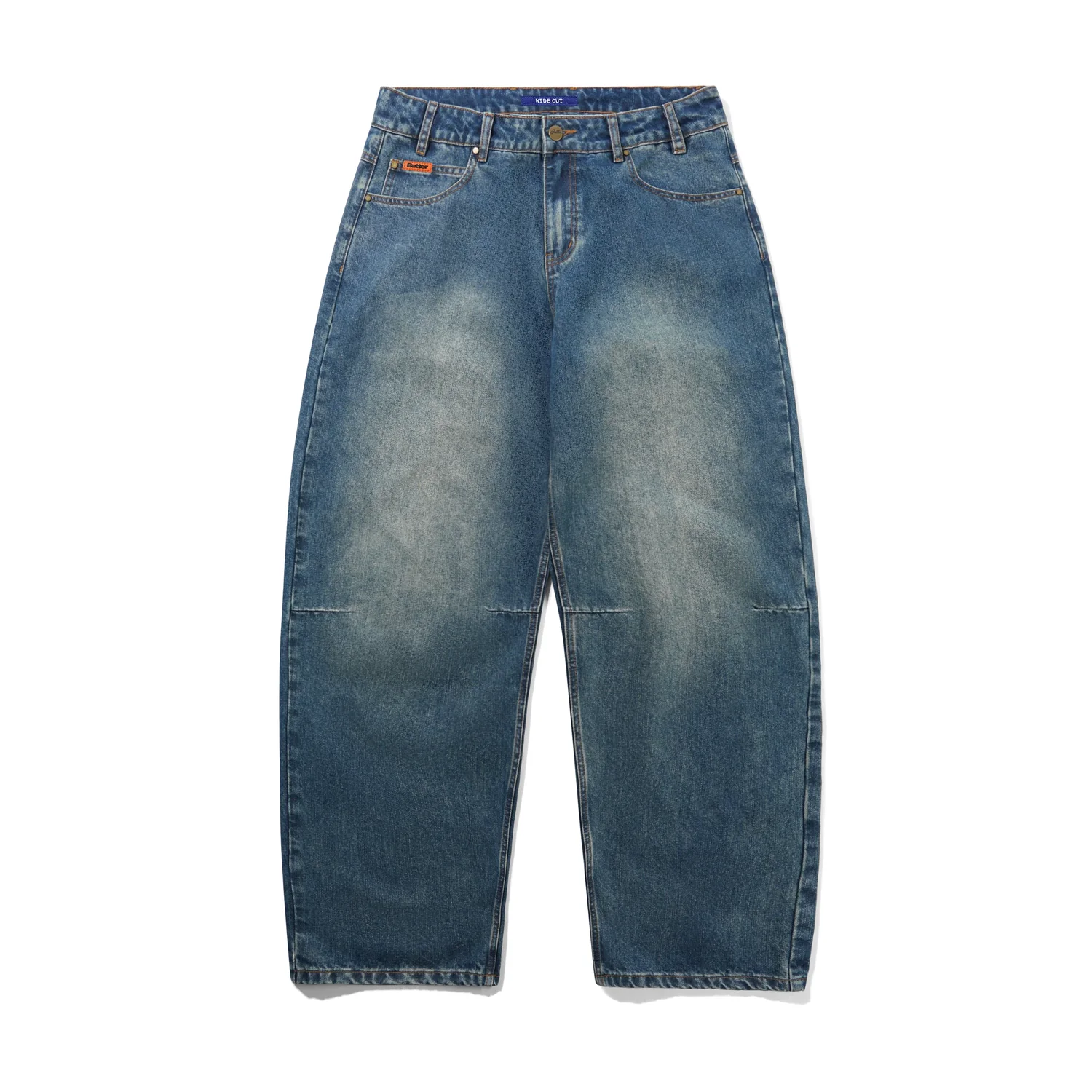Wide Cut Denim Jeans Jeans, coupe large, denim bleu, délavage usé, taille haute