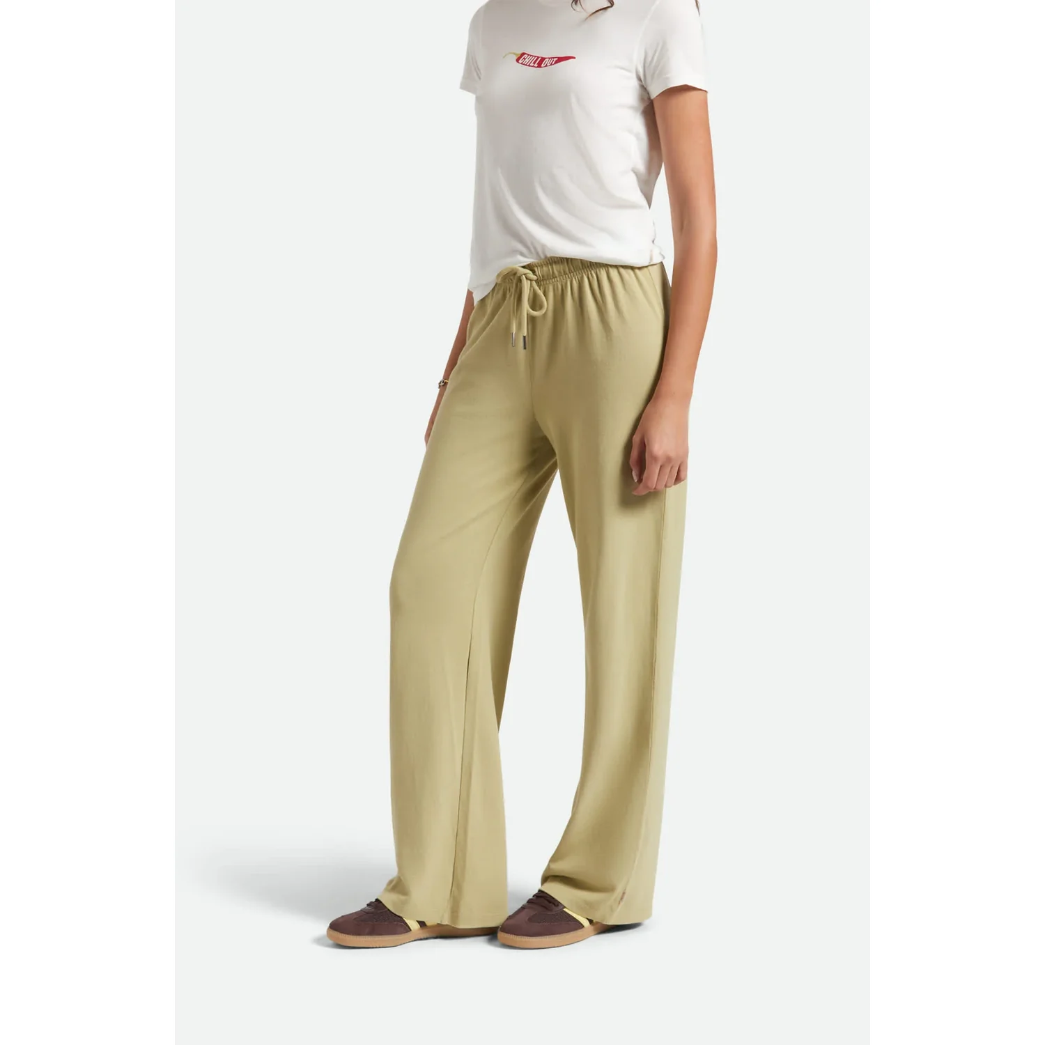 Pantalon pour femme, jambes larges, vert clair, taille élastiquée, cordon de serrage