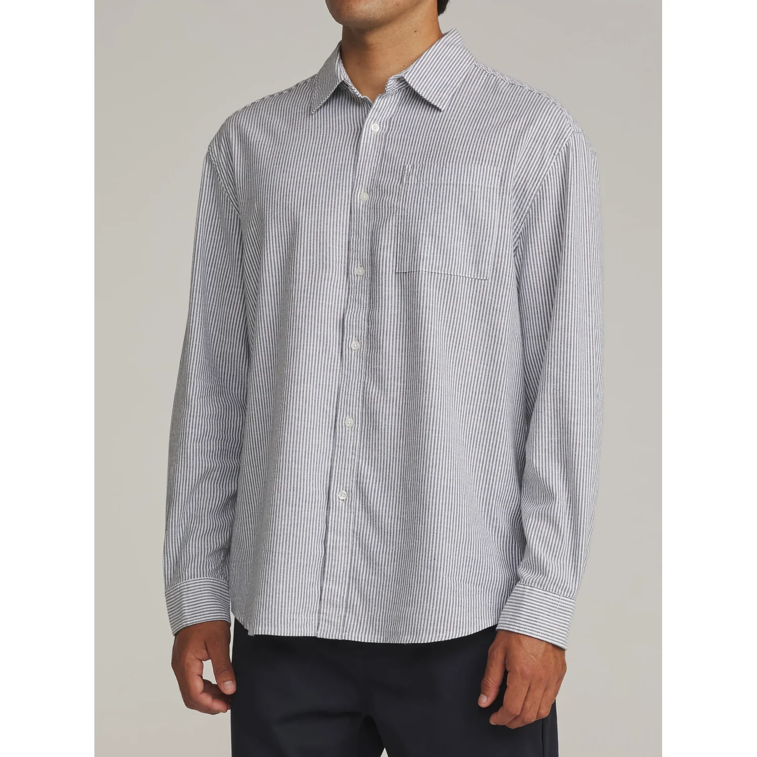 Ezra LS Shirt Herrenhemd, Langarmhemd, grau-weiß gestreift, Knopfleiste, Brusttasche