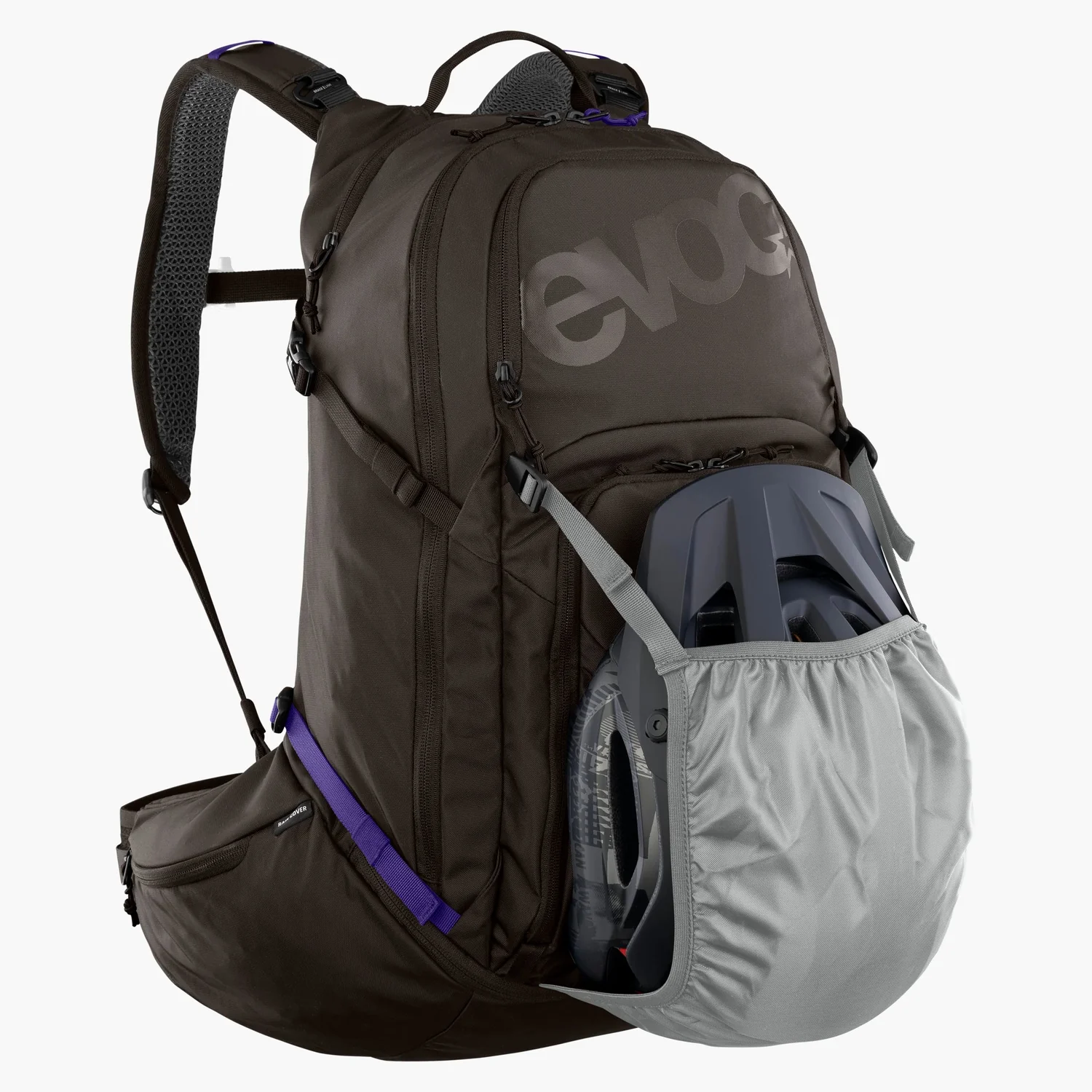 Fahrradrucksack, Helmhalterung, dunkelbraun, graue Fronttasche, gepolsterte Träger