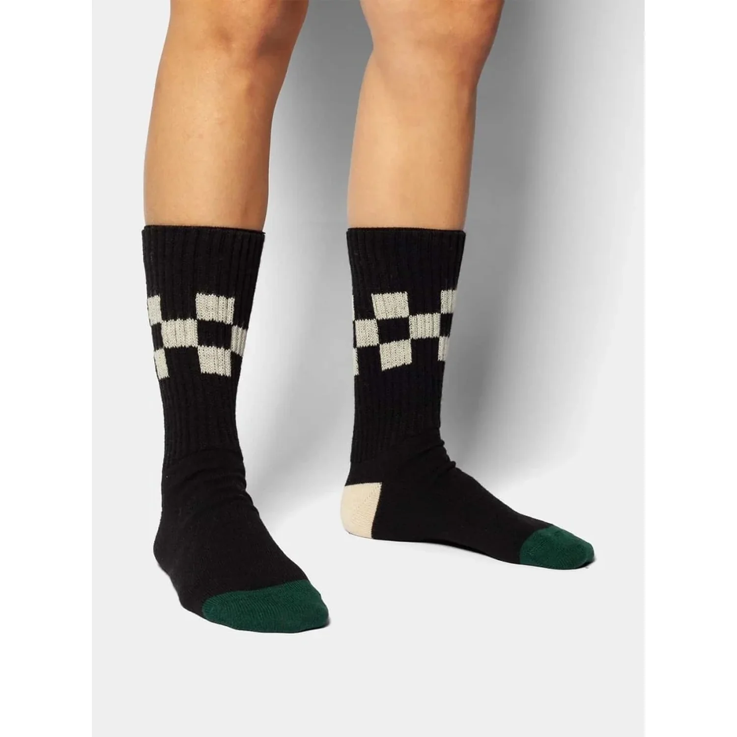 Cozy Reto Chaussettes, noires, motif damier, tige côtelée, bout coloré