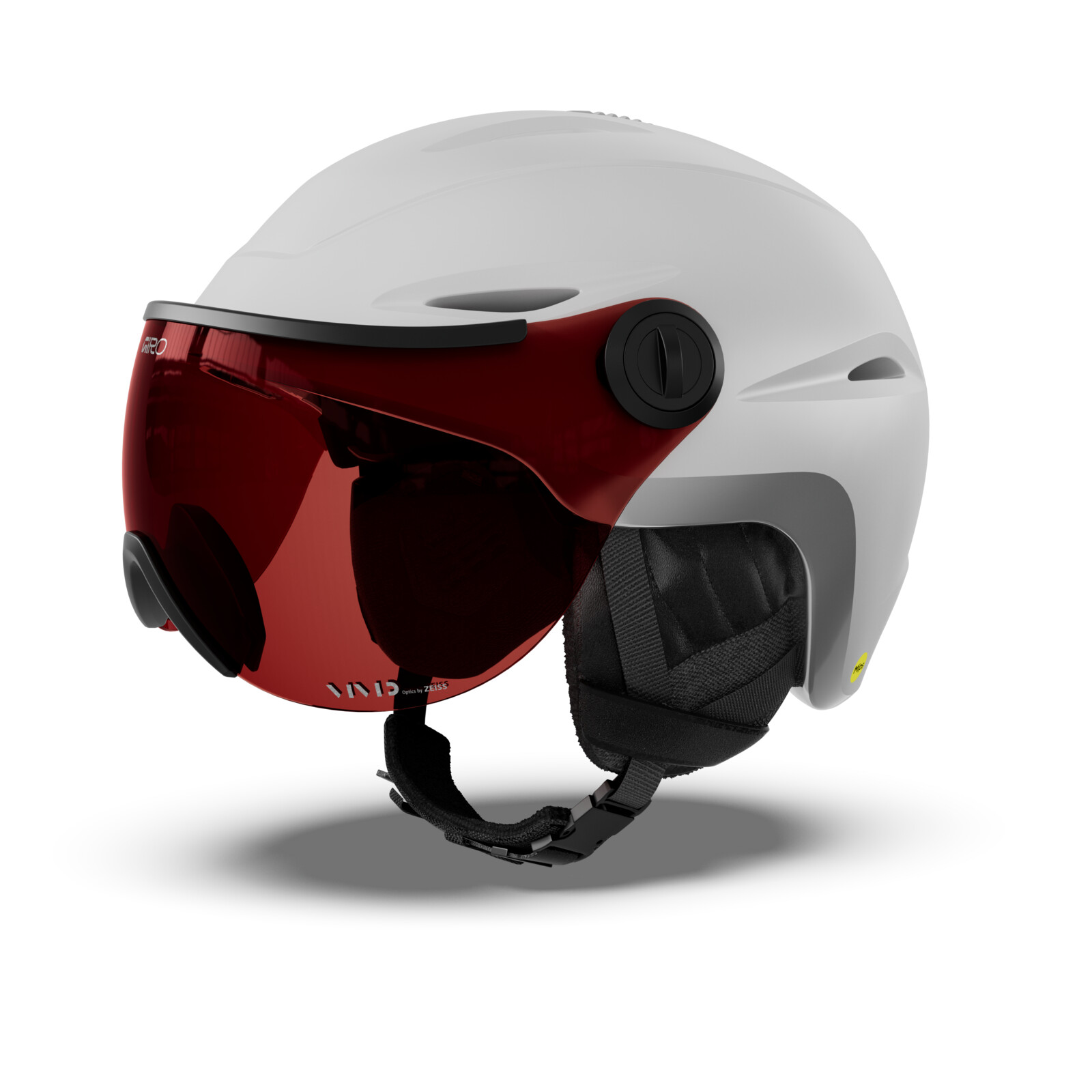 Vue MIPS VIVID Helmet skihut, rote brille visier, weißer helm, verstellbares band, goggle-kompatibel