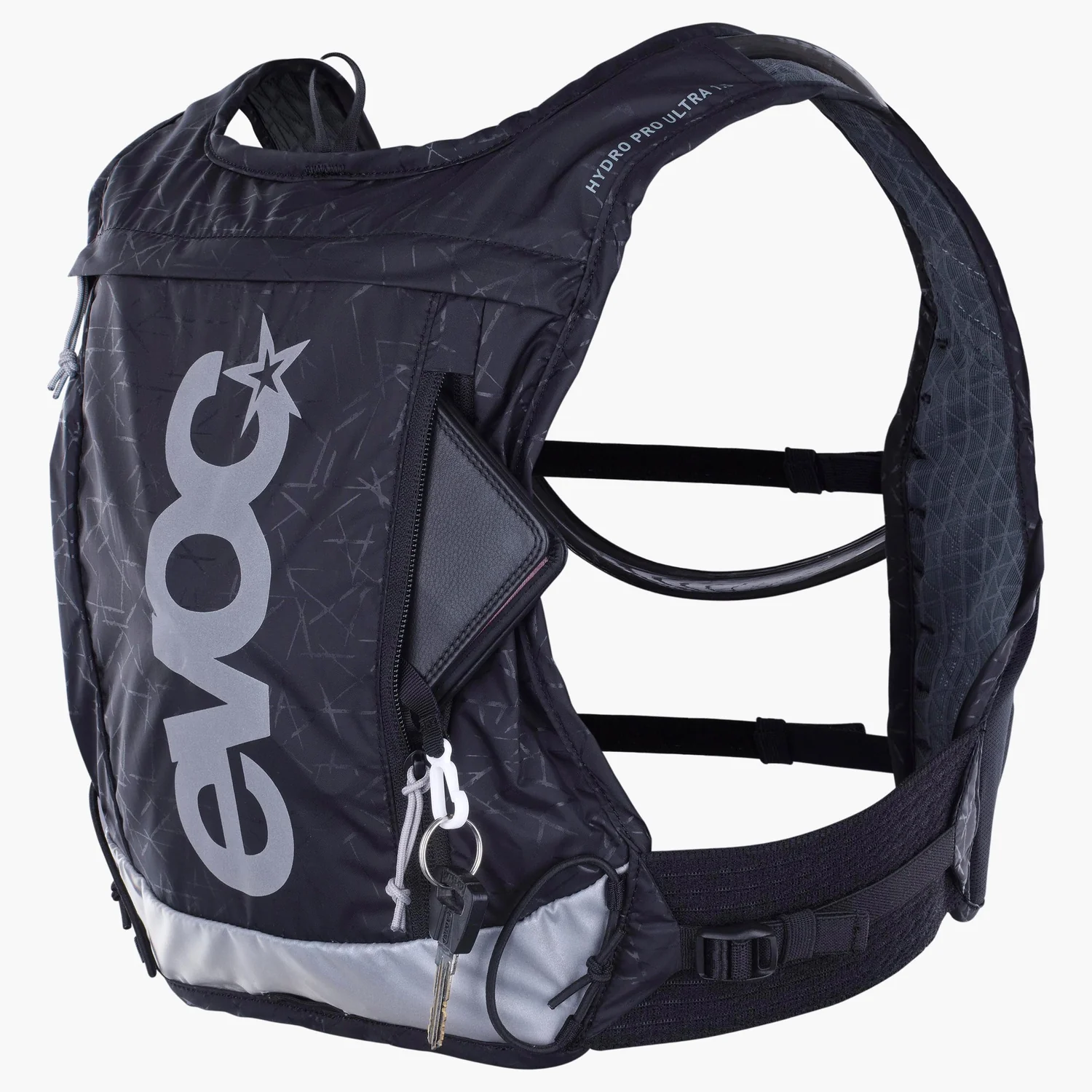 Hydro Pro Ultra 1.5 + 1.5 Laufweste, Hydration-Rucksack, schwarz, reflektierende Details, verstellbare Gurte