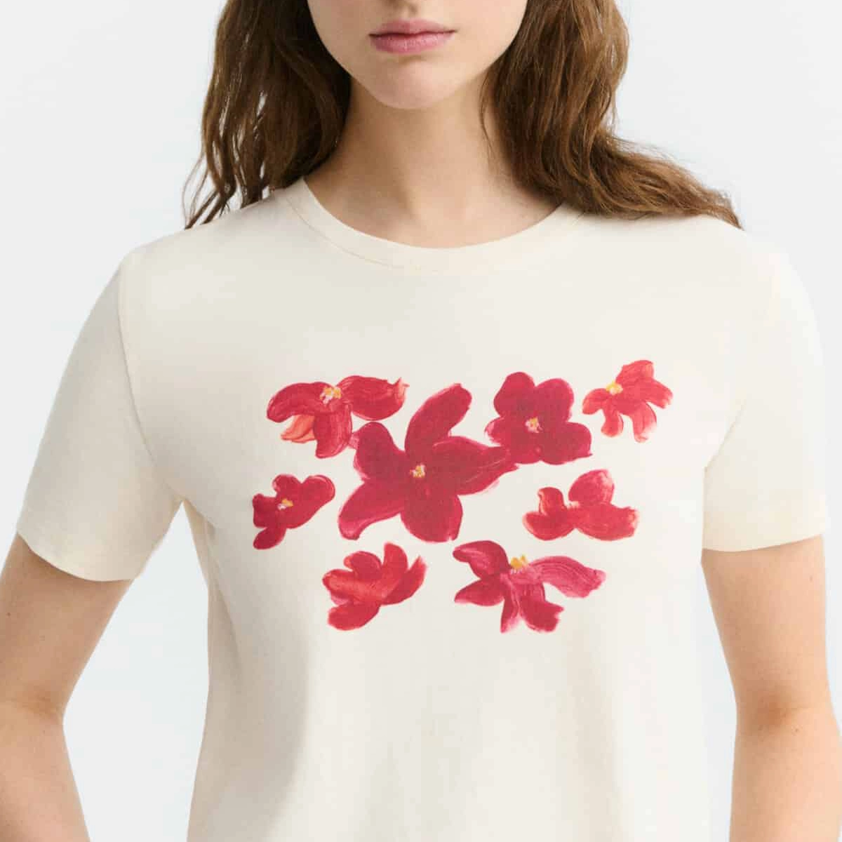 Zowie R Tee T-shirt à col rond, imprimé floral, beige, manches courtes