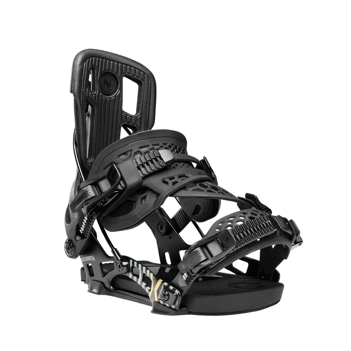 Fixations de snowboard, fixations de planche, sangles Crosslink, sangles de cheville, spoiler, raquettes, fixation, noir, structure en treillis, fermeture Velcro
