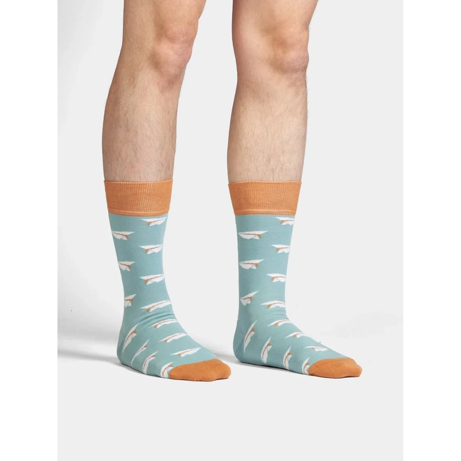 Chaussettes pour homme, turquoise, motif « avion en papier », bordure orange, chaussettes mi-mollet