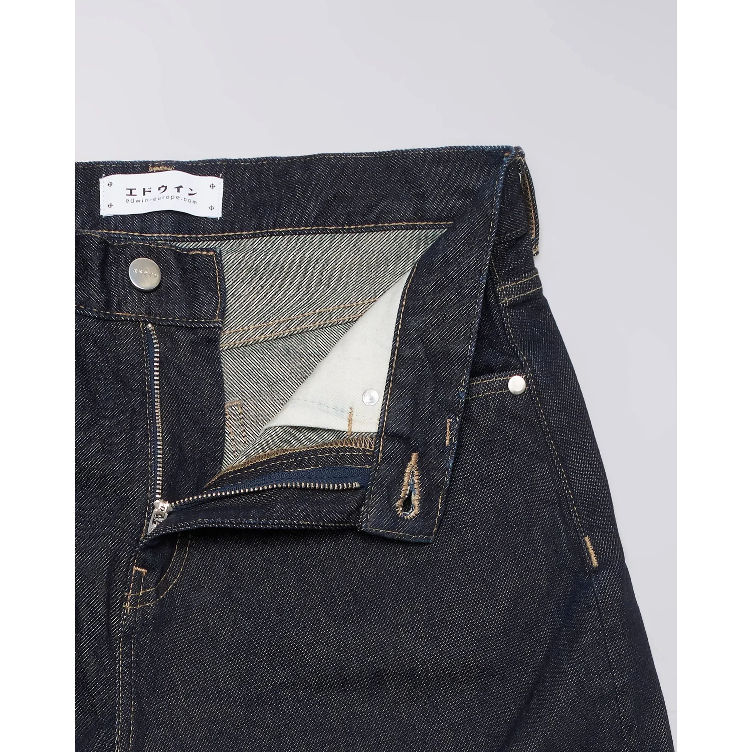 Jeans, Dunkelblauer Denim, Baumwollstoff, Reißverschluss, Kontrastnähte