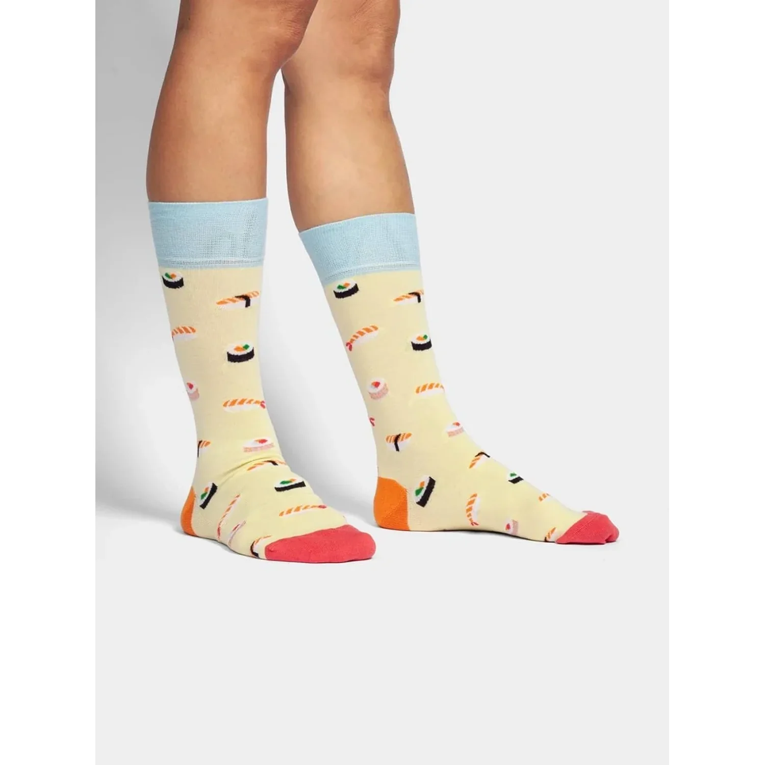 Chaussettes, motif sushi, jaunes, bord bleu clair, orteils et talons multicolores