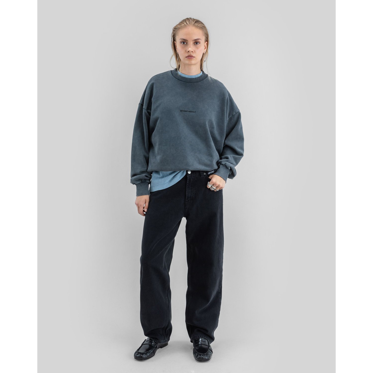 Sweat-shirt, coupe oversize, col rond, bleu foncé, superposition-Look