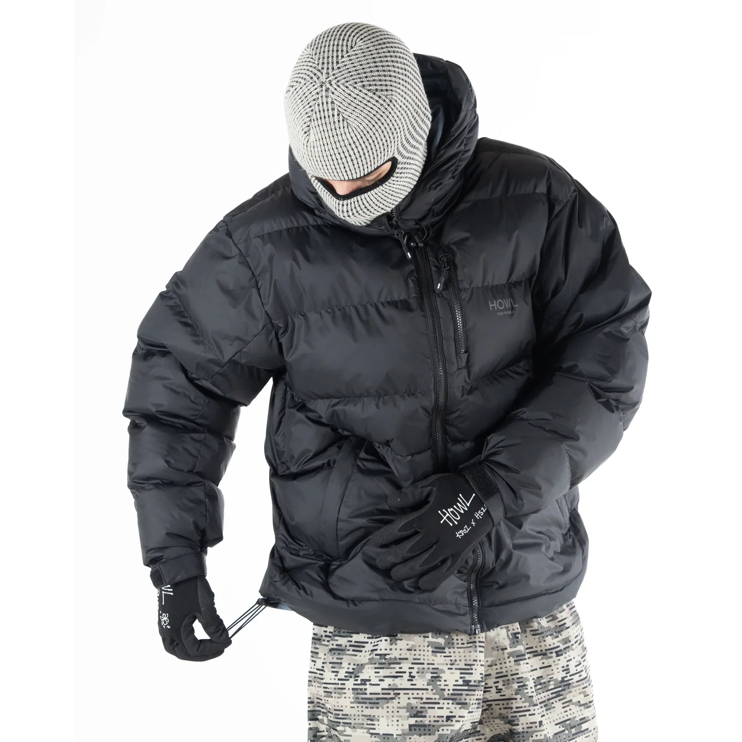 Puffy Jacket Pufferjacke, Winterjacke, Dunkelgrau, Steppjacke, Kälteschutz, schwarze Daunenjacke, Steppjacke, Kapuze, Strick-Sturmhaube, Snowboardbekleidung