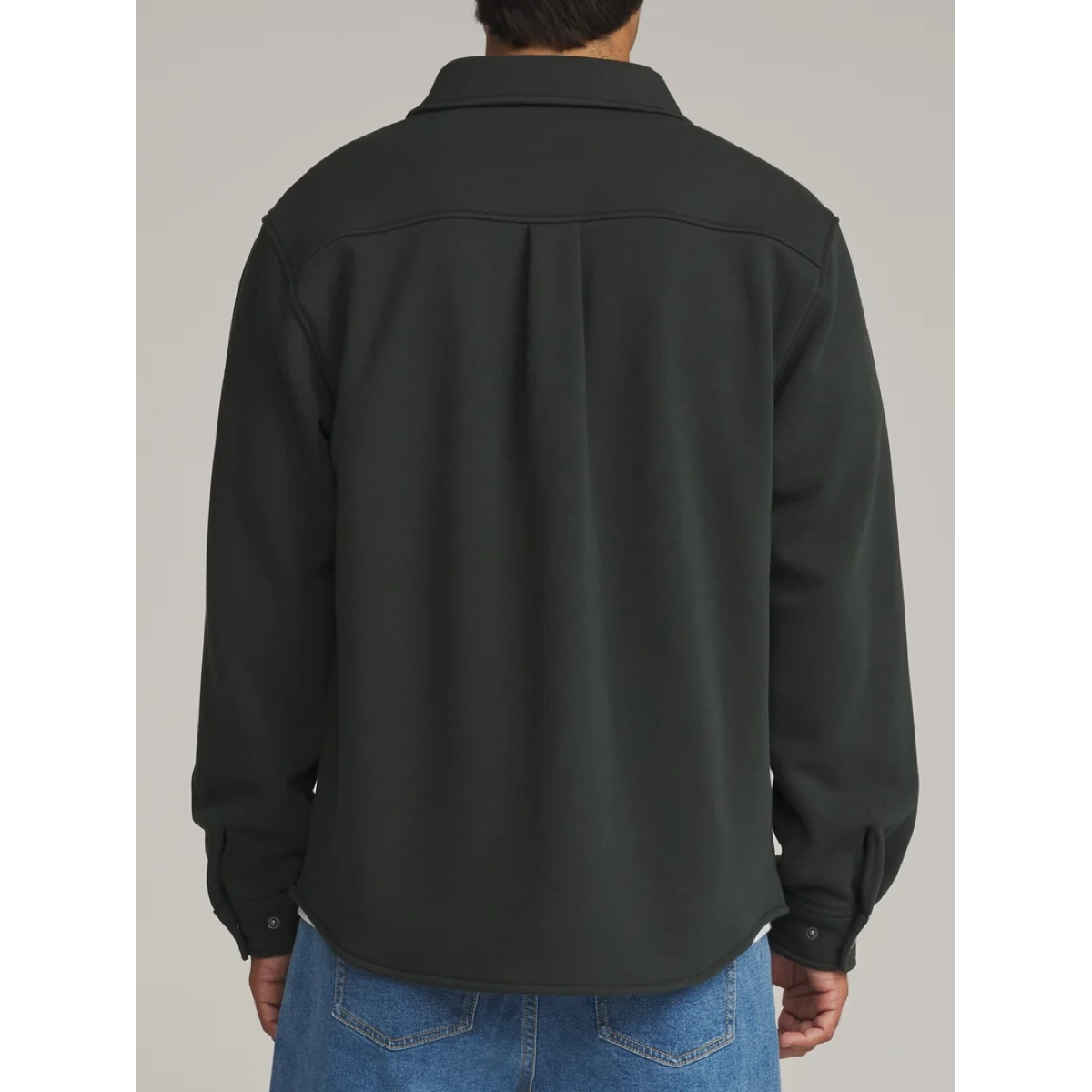 Harold Fleece Shirt veste vert foncé, veste oversize, manches longues, patte de boutonnage aux poignets, texture épurée
