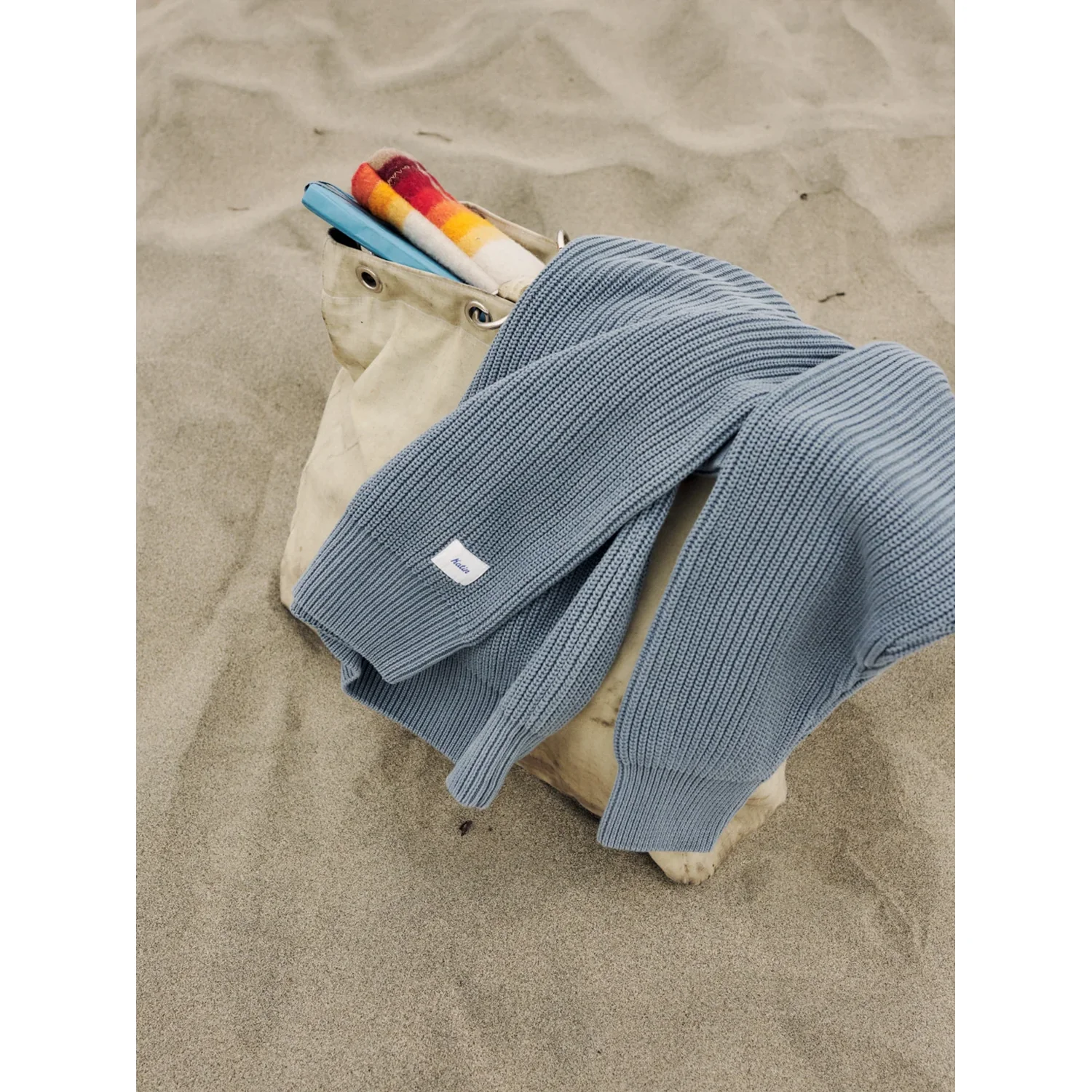 Strickpullover, Rippstrick, Blaugrau, Langarm, Rundhalsausschnitt