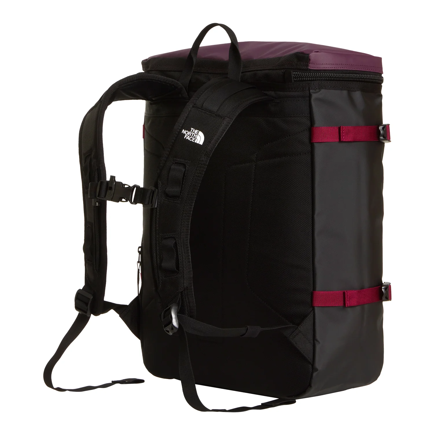 Rucksack, Rolltop-Verschluss, Schwarz, Burgunderrote Akzente, Brustgurt