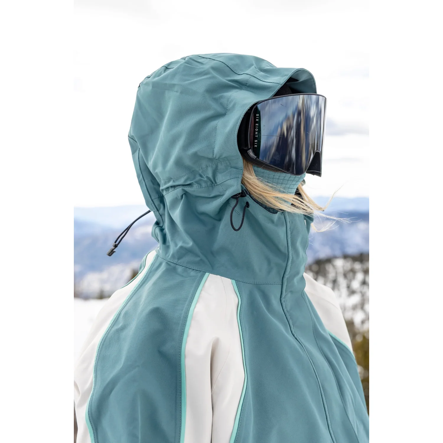 Cagoule de ski, capuche, turquoise, protection contre le vent, cordon de serrage