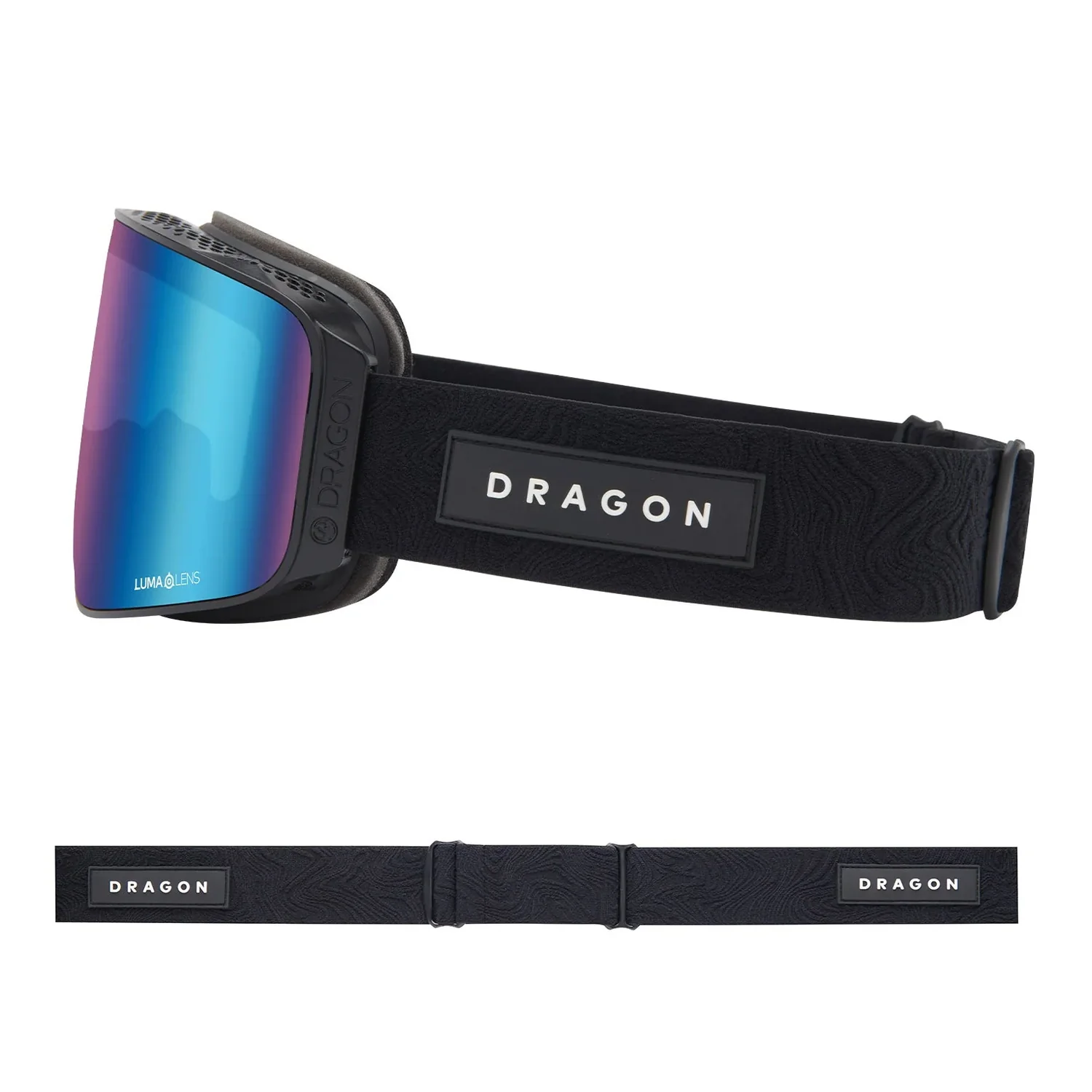 Skibrille, verspiegelte Scheibe, blaue Linse, schwarzes Band, LUMA-Linse