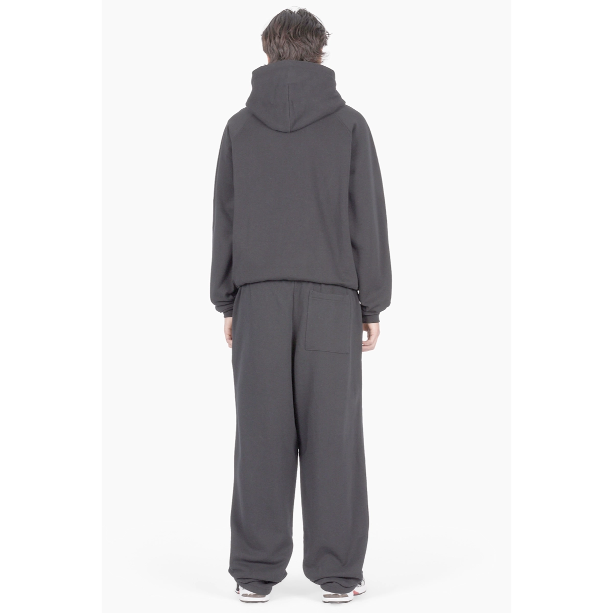 Größere Rückenansicht, Schwarz, Hose, Kapuzenpullover, Frontlose Tasche, Hoodie, Sweatshirt, Hooded, Dunkelgrau, Loose fit