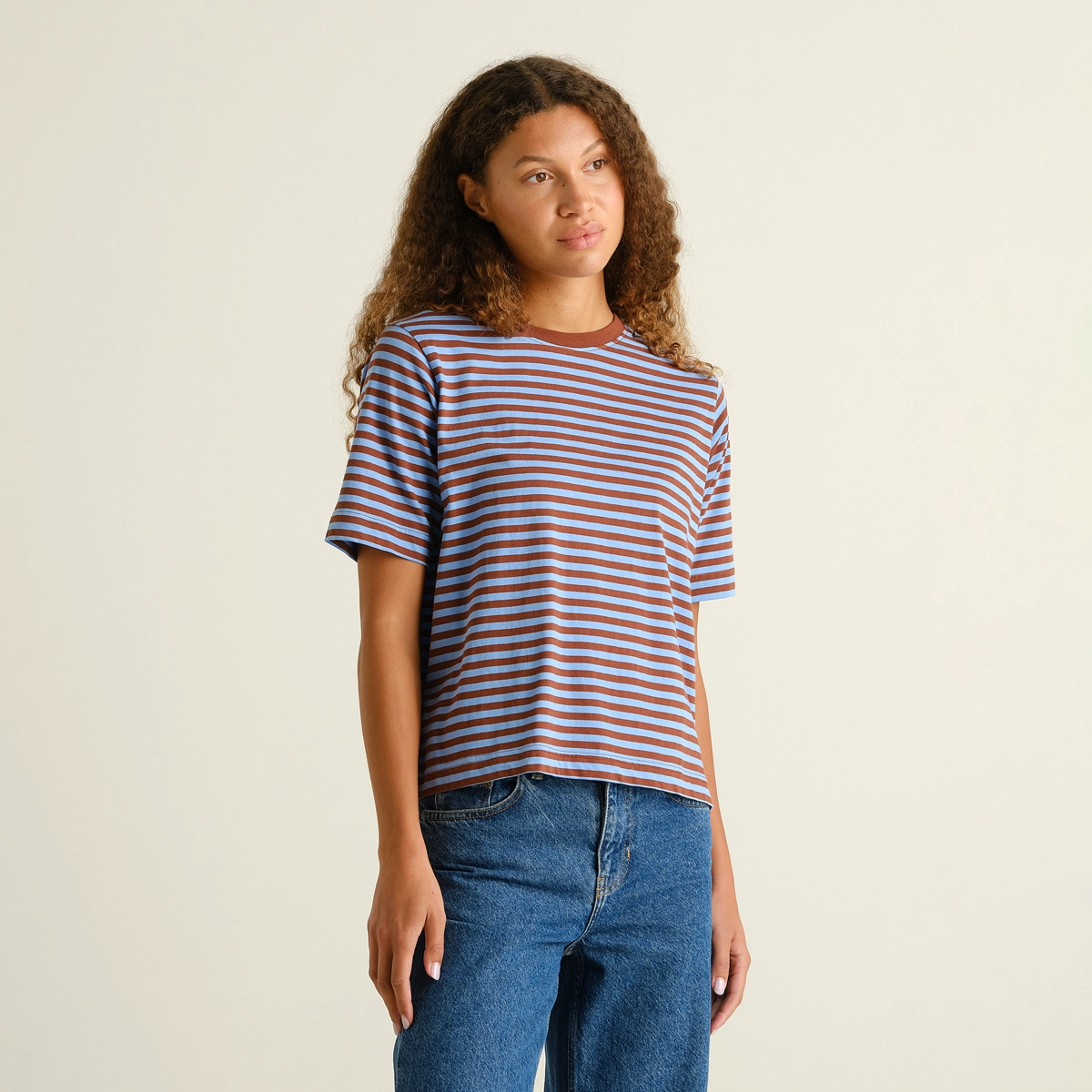 Streifen, T-Shirt, Blau, Braun, Kurzarm, T-Shirt, Streifen, Kurzarm, Braun-Blau, Alltagstauglich