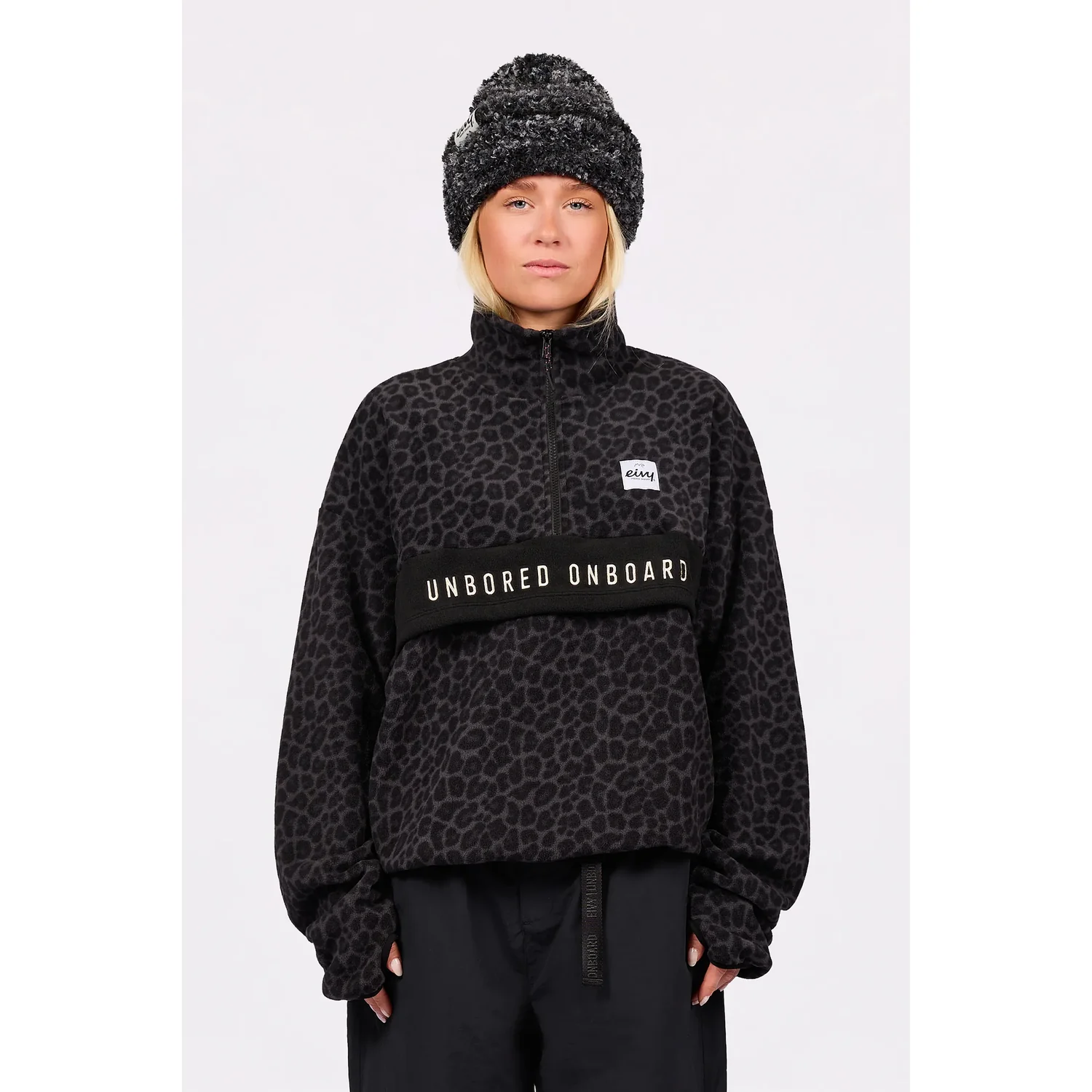 Ball Fleece Fleecejacke, Leopardendruck, Stehkragen, Schwarz, Breite Tasche, Fleecepullover, Leopardenmuster, Halber Reißverschluss, Schwarz-grau, Strickmütze