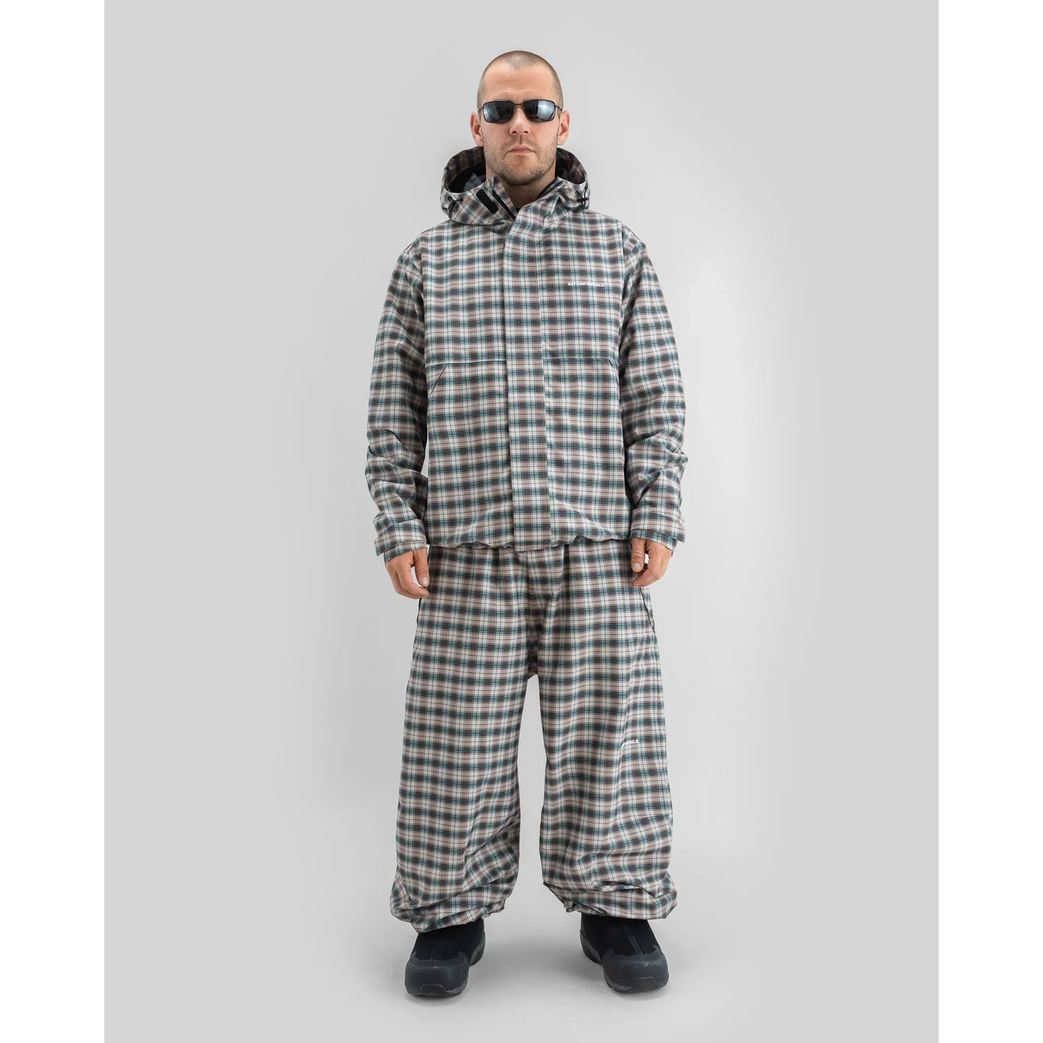 Park Pants Print 2L Veste pour homme, capuche, motif à carreaux, ensemble deux pièces, gris-turquoise