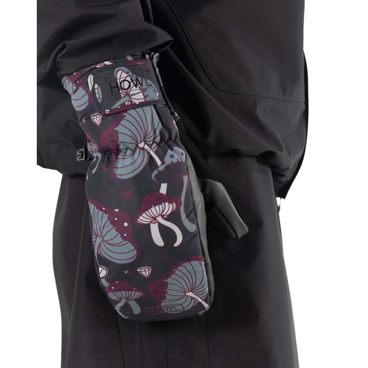 Flyweight Mitt Skihandschuh, Fäustling, Pilzmuster, Grau-Bordeaux, Handgelenkriemen