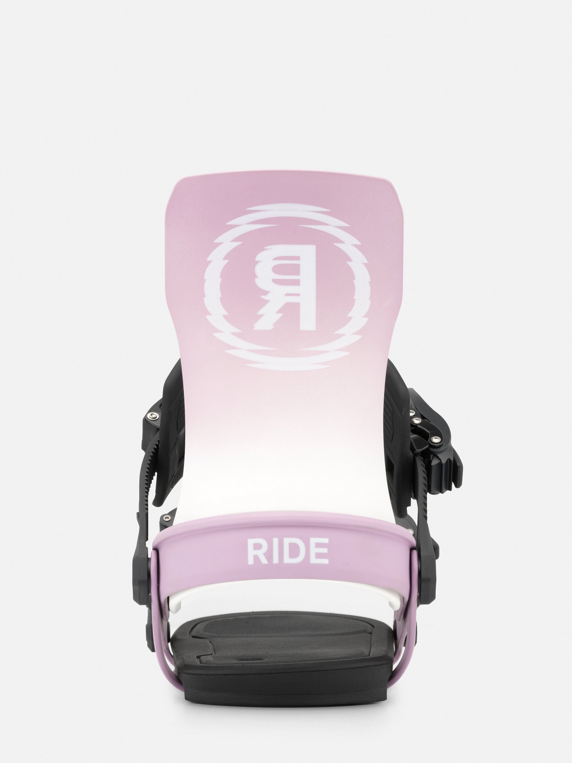 Specter Womens Fixation de snowboard, dégradé rose, inscription « Ride », sangle de talon, fixation réglable