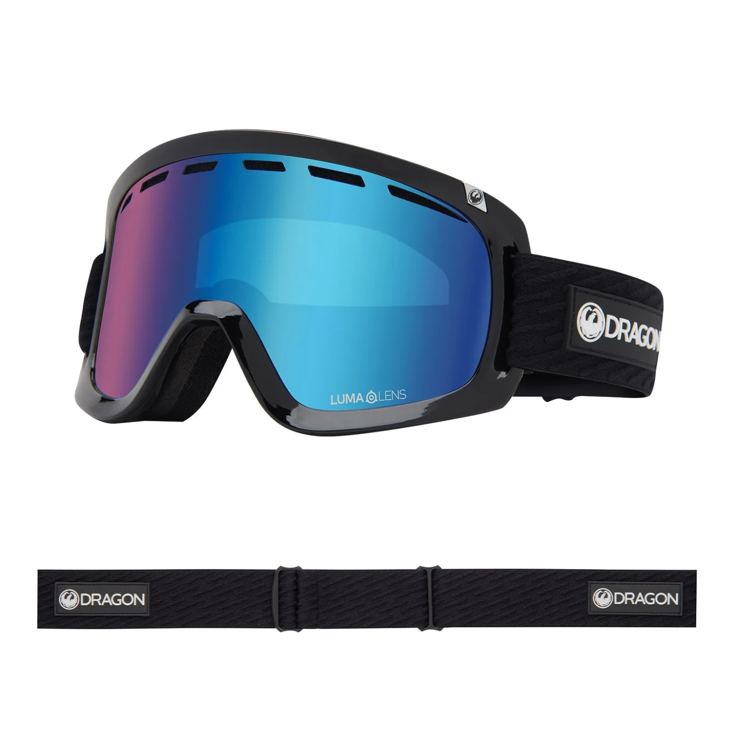 D1 OTG Lunettes de ski, Dragon, verres miroirs bleus, rembourrage en mousse, sangle réglable