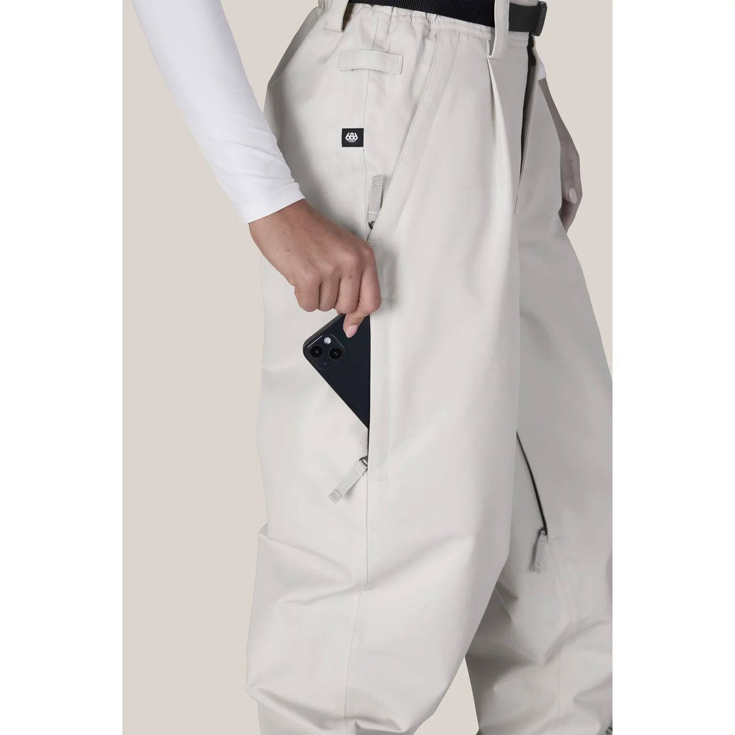 Outline Pant Pantalon cargo, blanc cassé, poches latérales, passants de ceinture, cordon de serrage